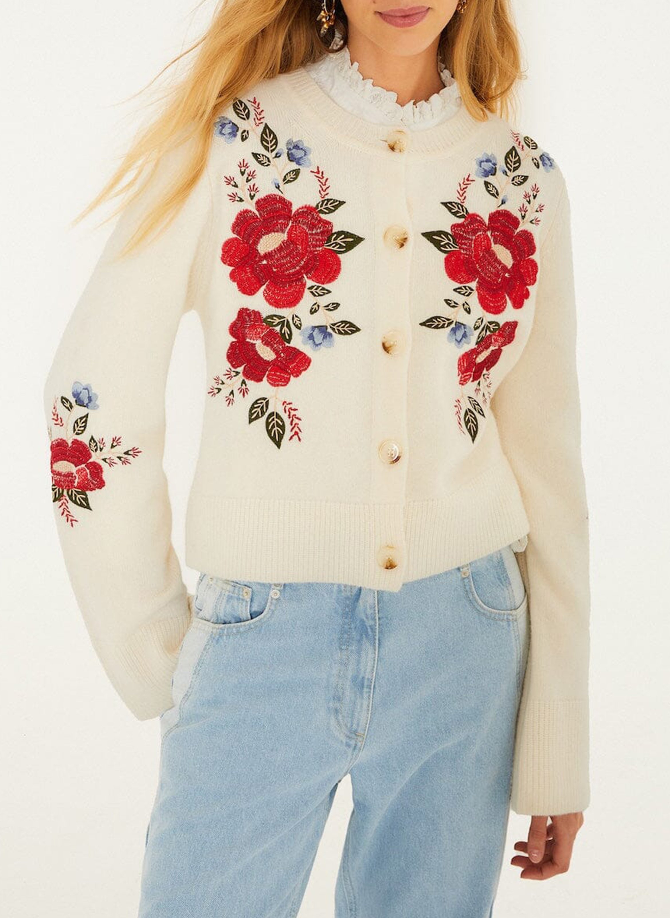 Straight woolen round-neck embroidered vest FARM RIO Beige