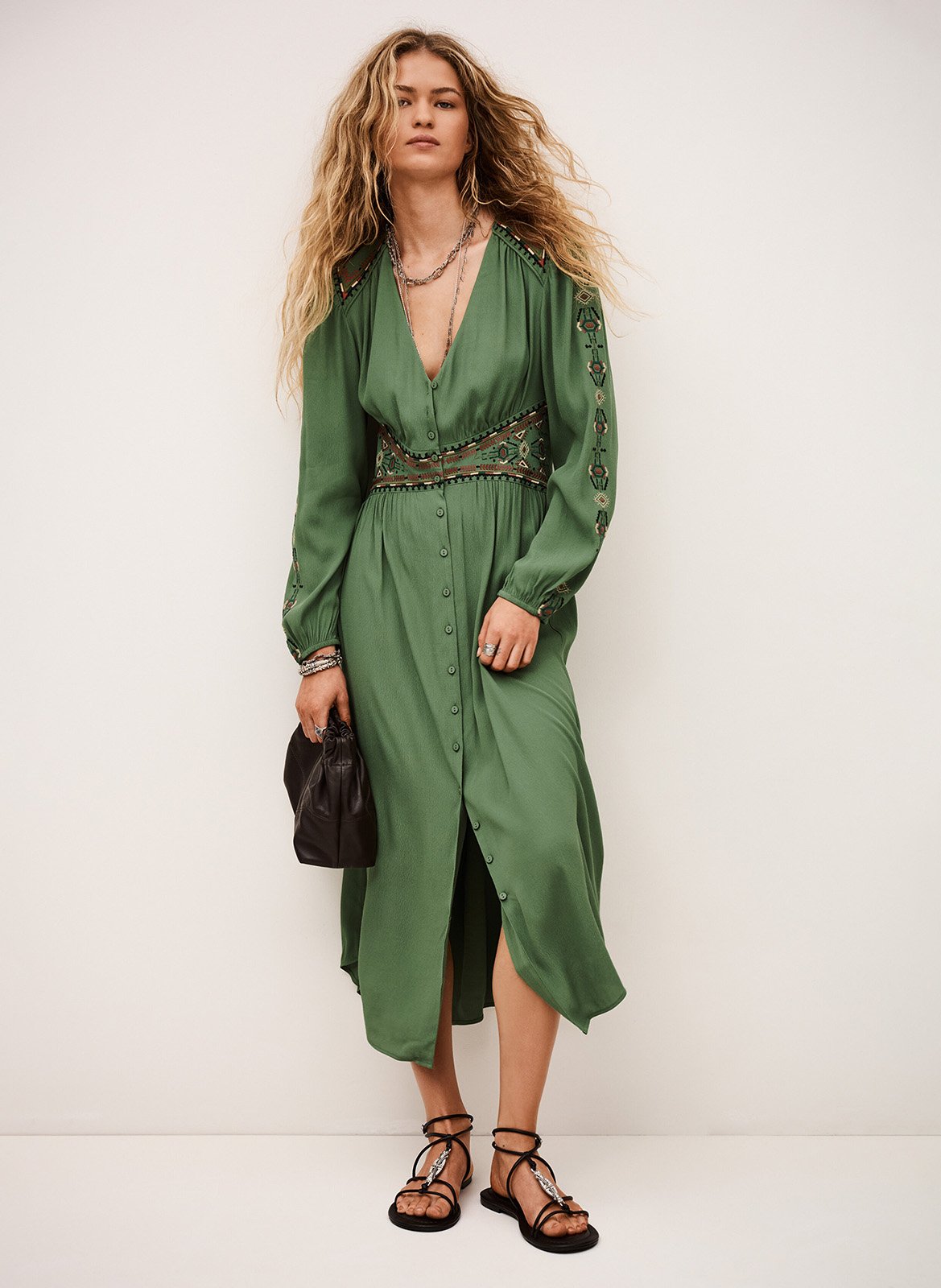 Long straight embroidered dress BA&SH Green