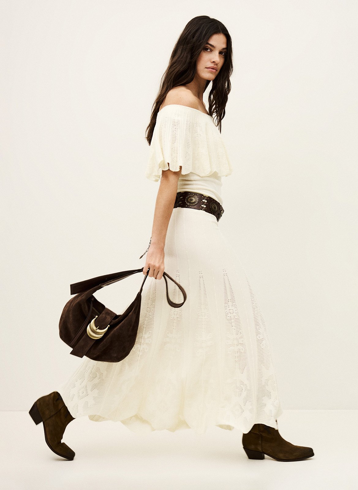 Jupe longue évasée à détails ajourés BA&SH Beige