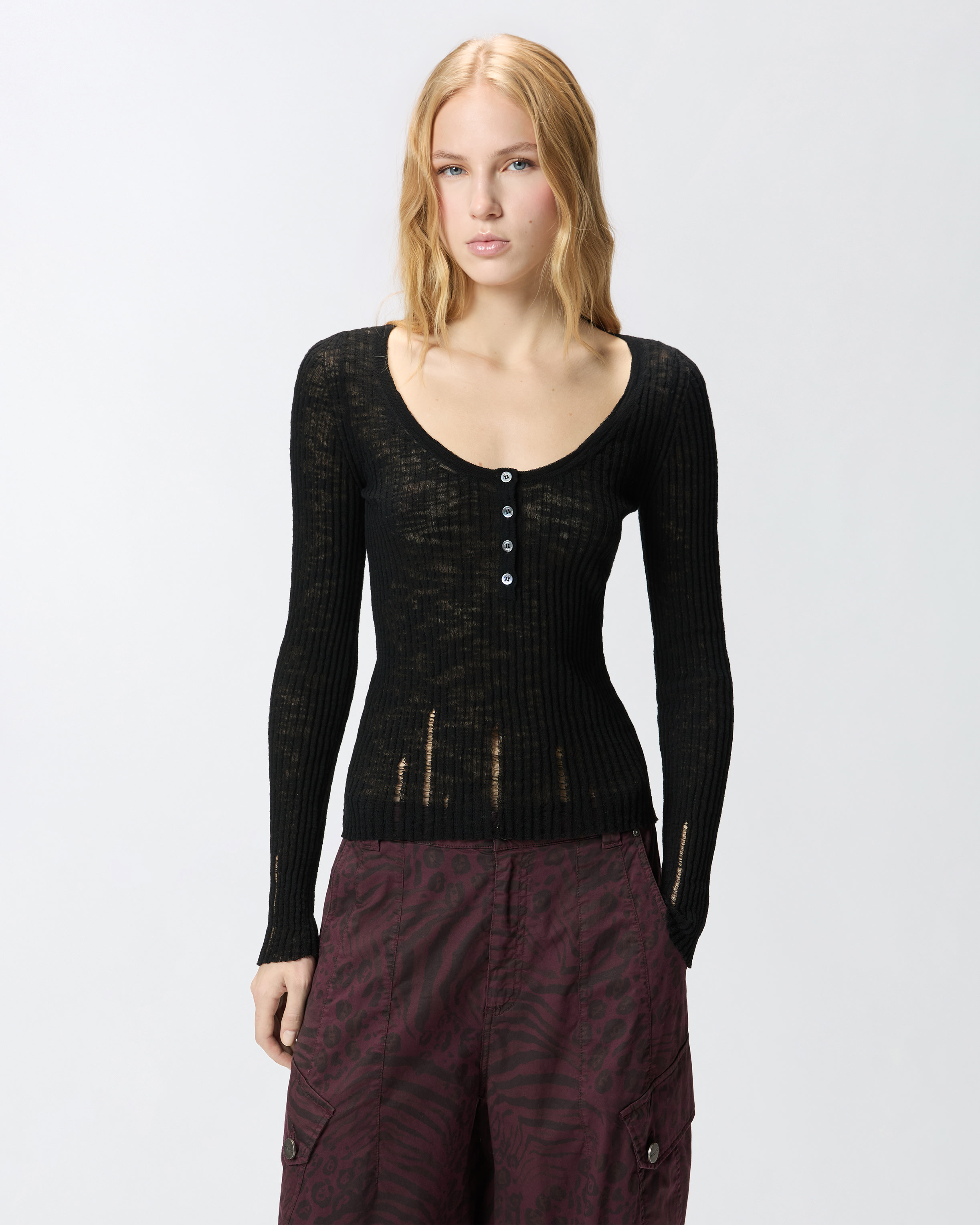 T-shirt col tunisien léger en coton côtelé PINKO Noir