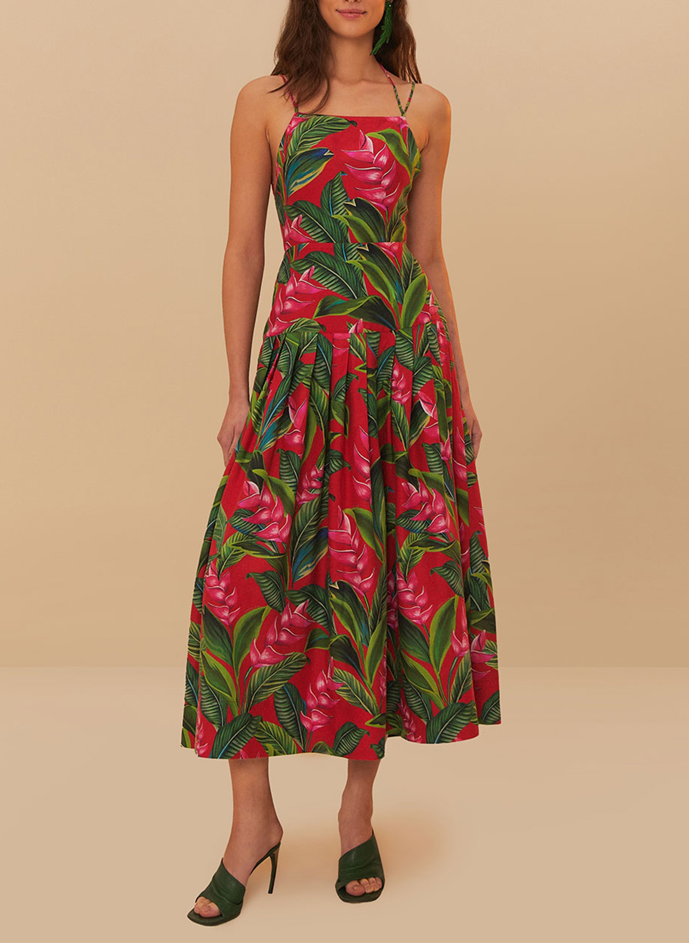 Square Neck Midi Dress in Linen Blend FARM RIO Red