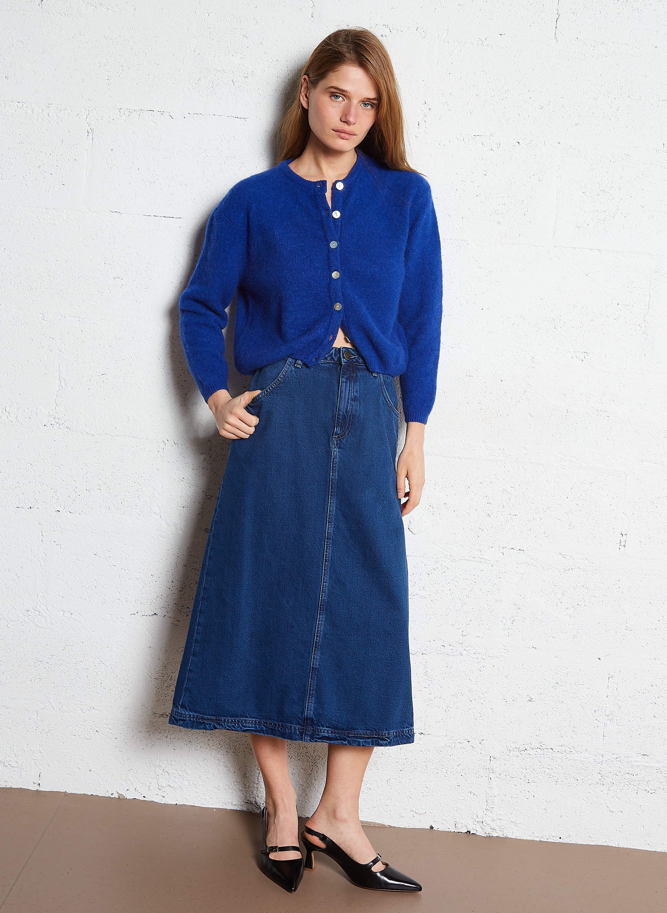 Loose-fit wool-blend cardigan with round neck Blue