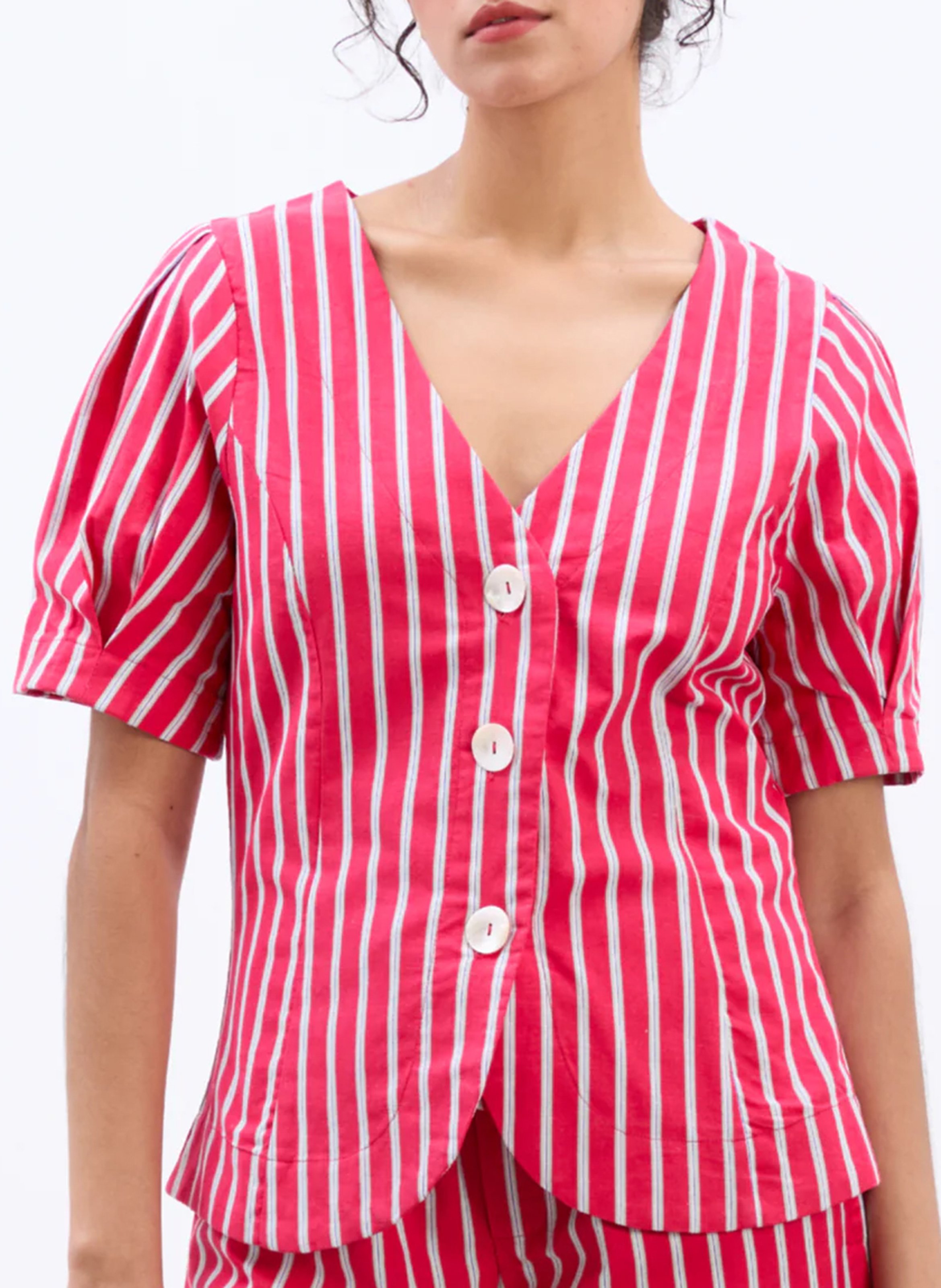 Striped organic cotton v-neck top DAMSON MADDER Brown