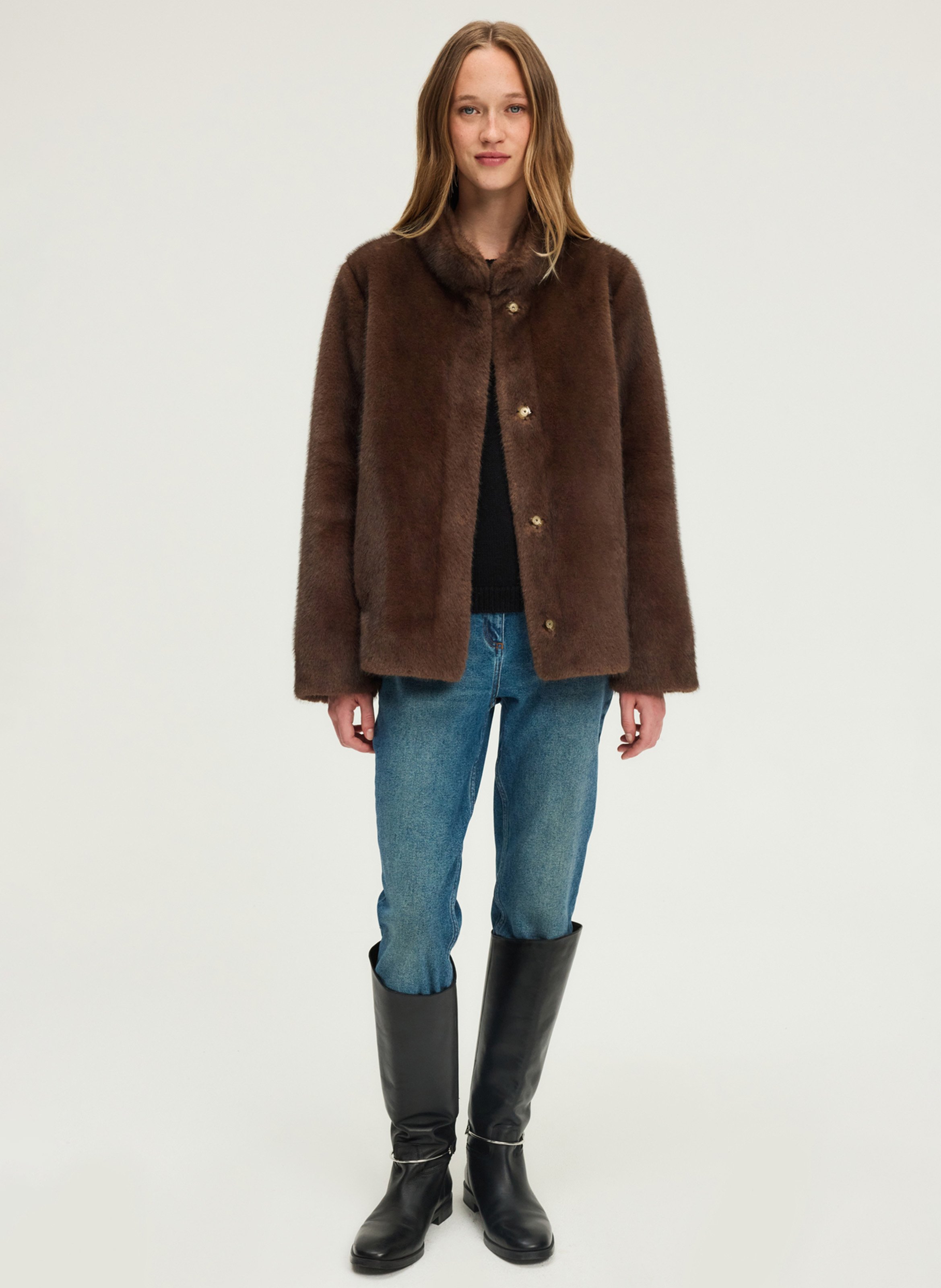 Straight coat with high synthetic fur collar PABLO Brown