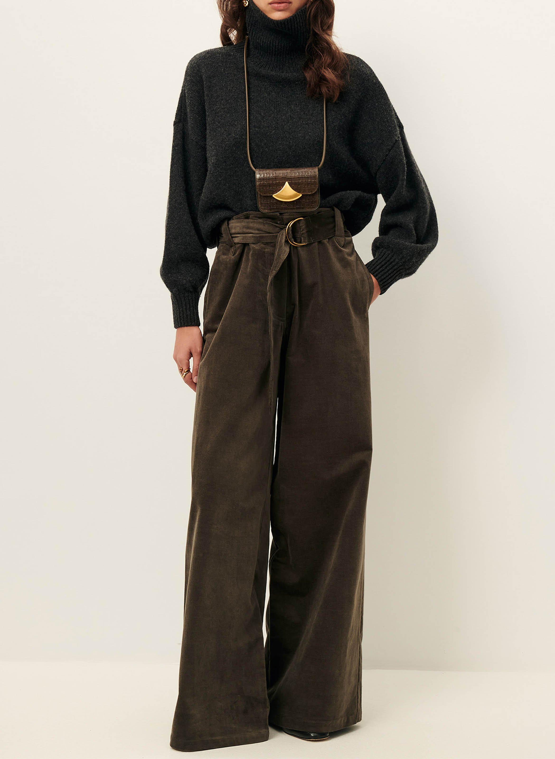 Wide-leg high-waisted cotton-blend pants SESSUN Brown