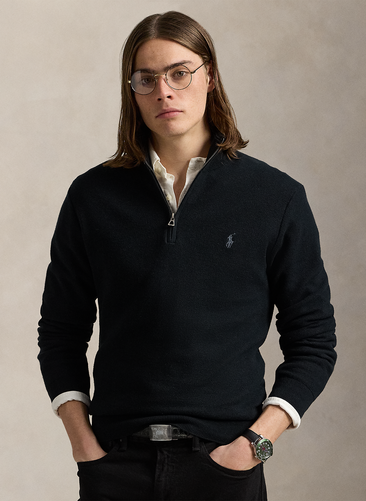 Cotton piqué high-neck zipped sweater POLO RALPH LAUREN Black