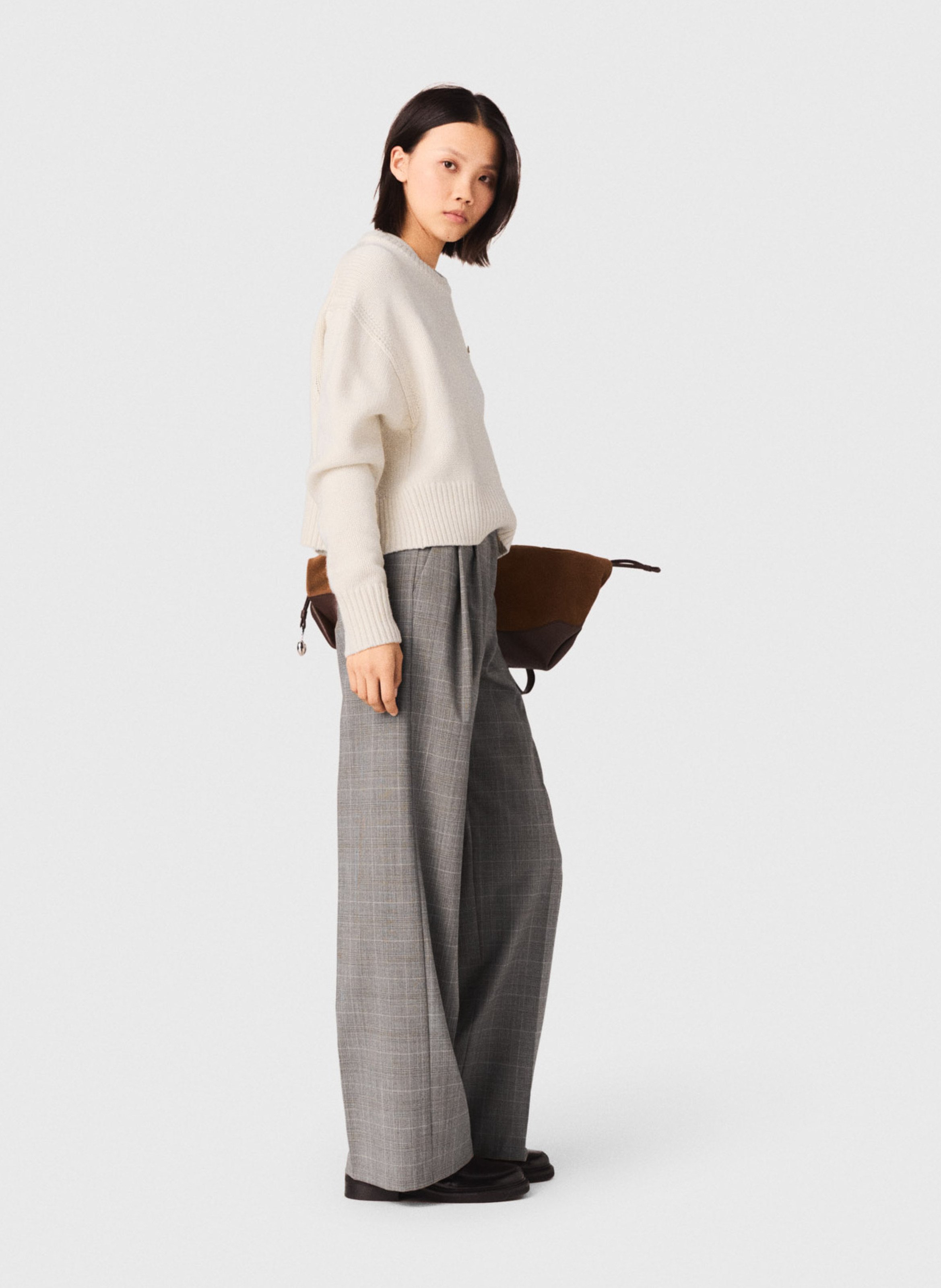 Pantalon palazzo en laine mélangée à carreaux MAJE Gris