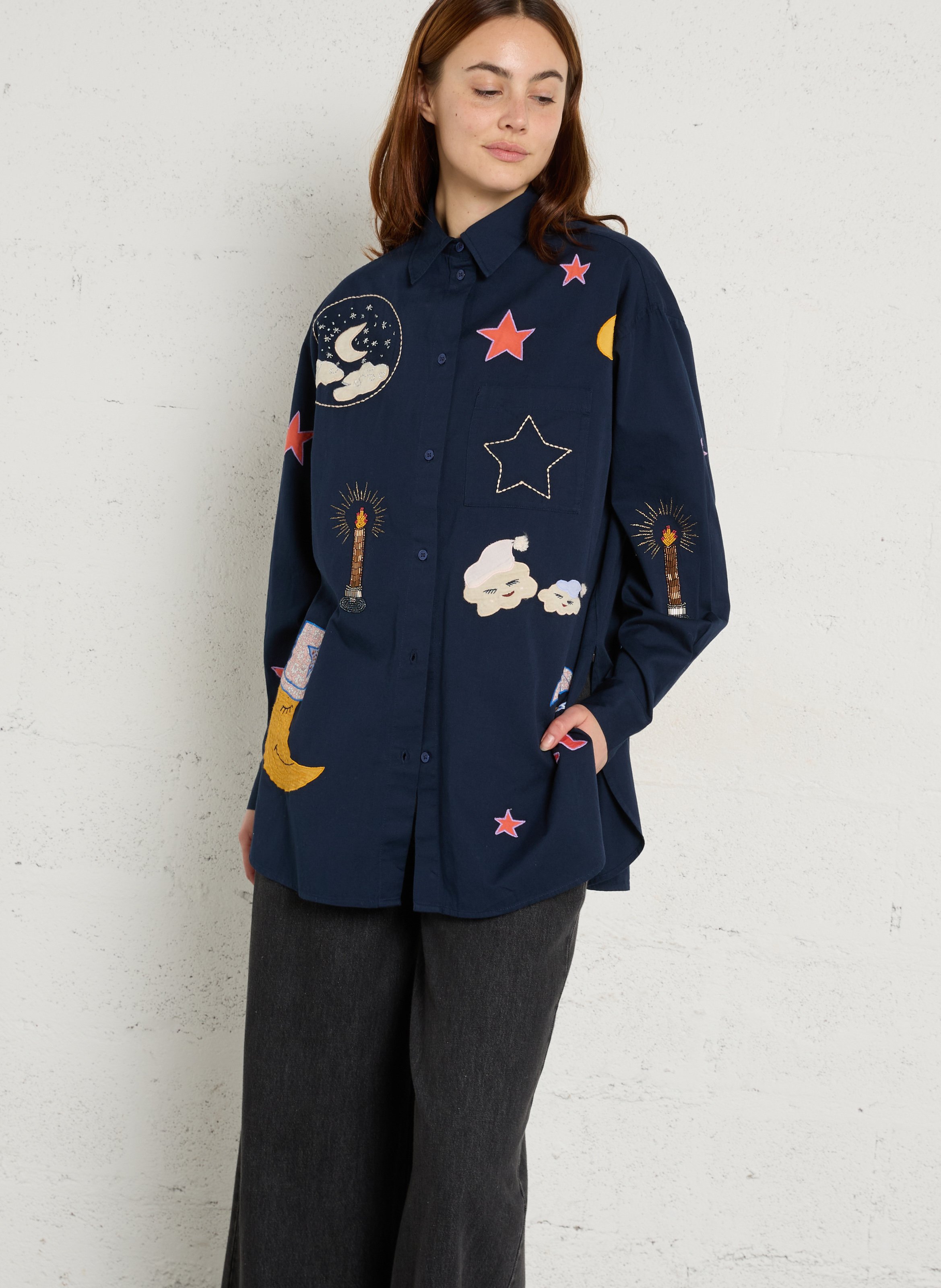 Oversized Bio-Baumwollhemd mit Stickerei STELLA NOVA Blau