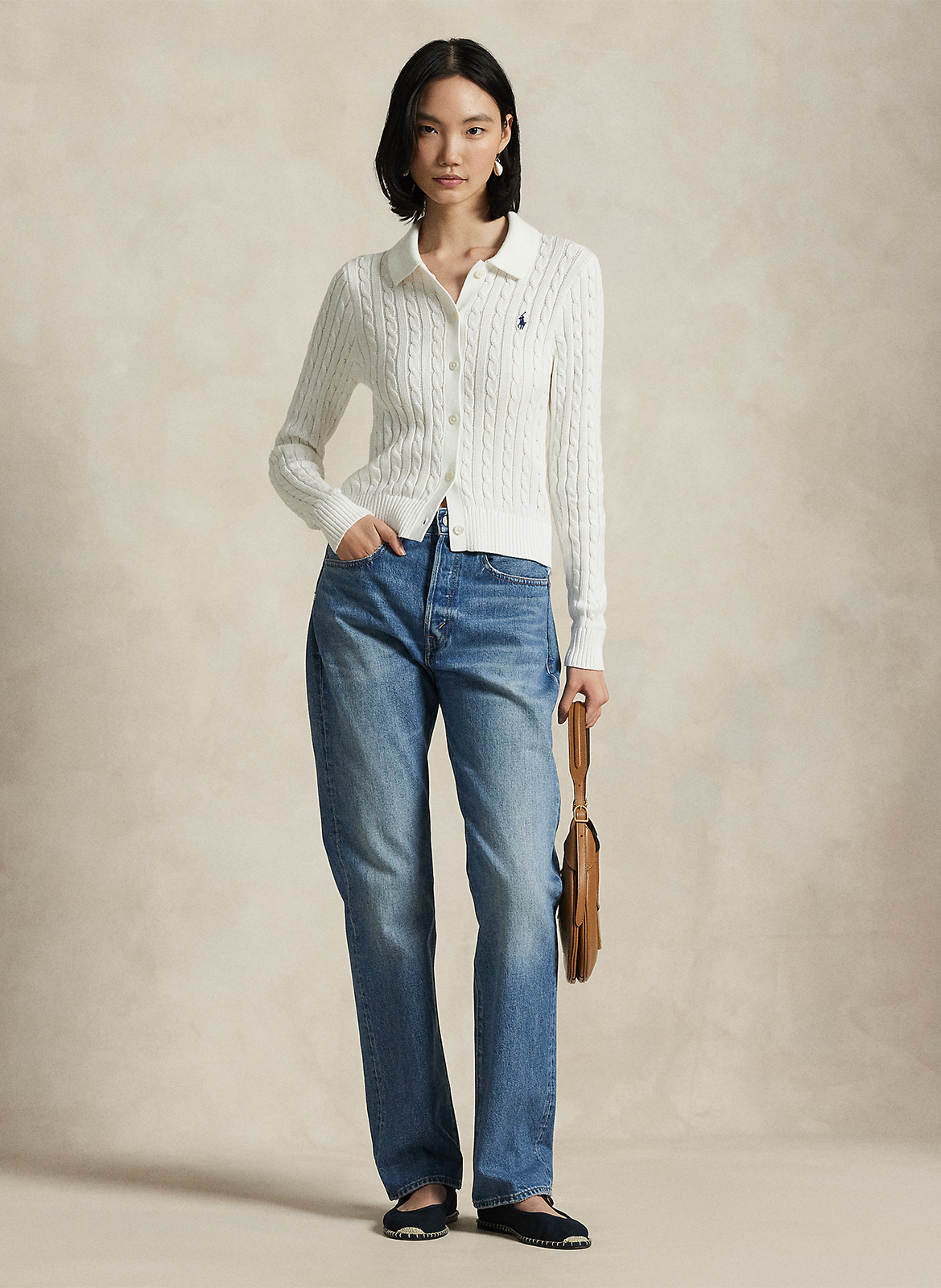 Cardigan ajusté col classique en coton POLO RALPH LAUREN Blanc