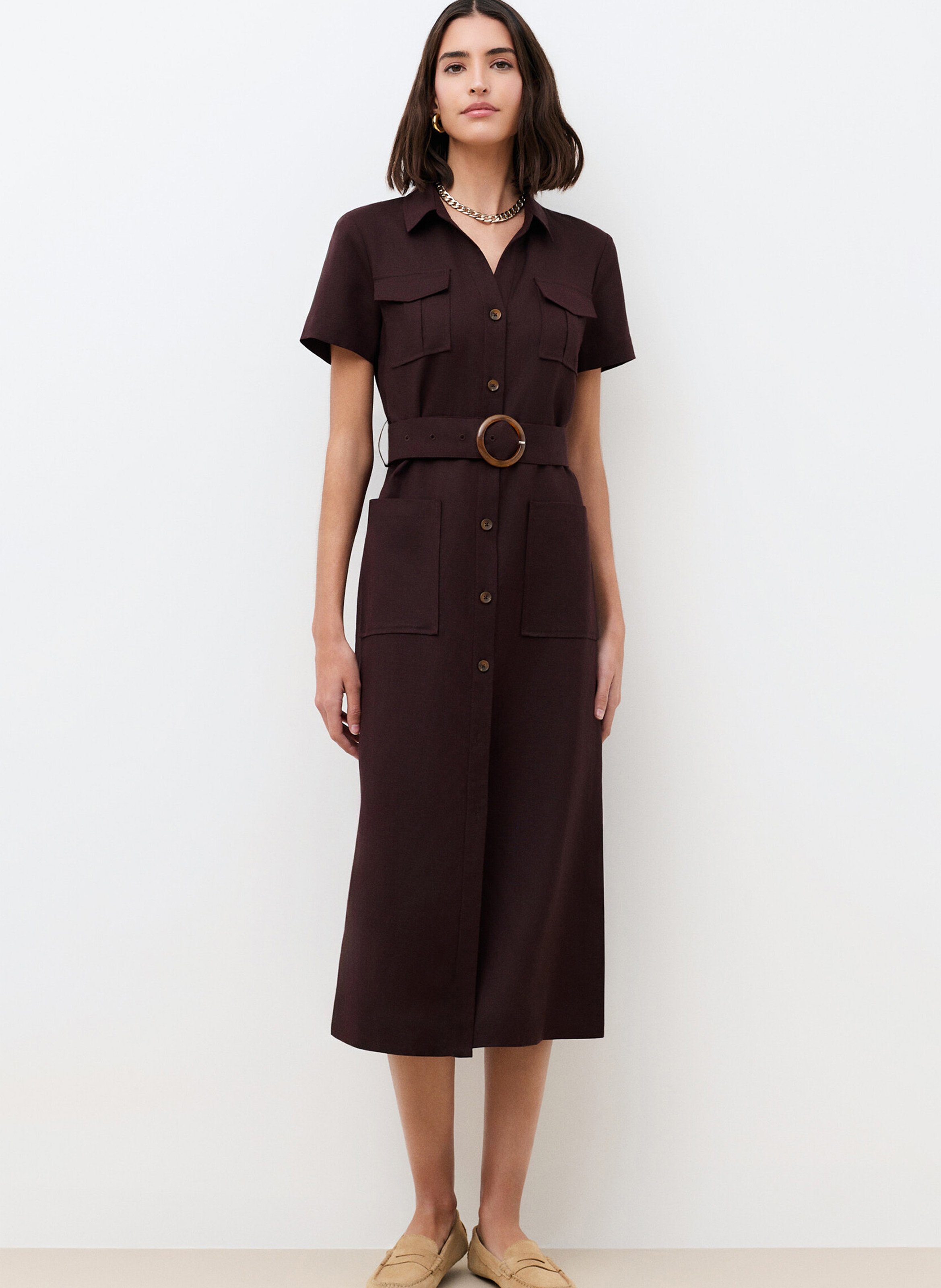 Lange jurk van gemengd linnen CAROLL Bruin