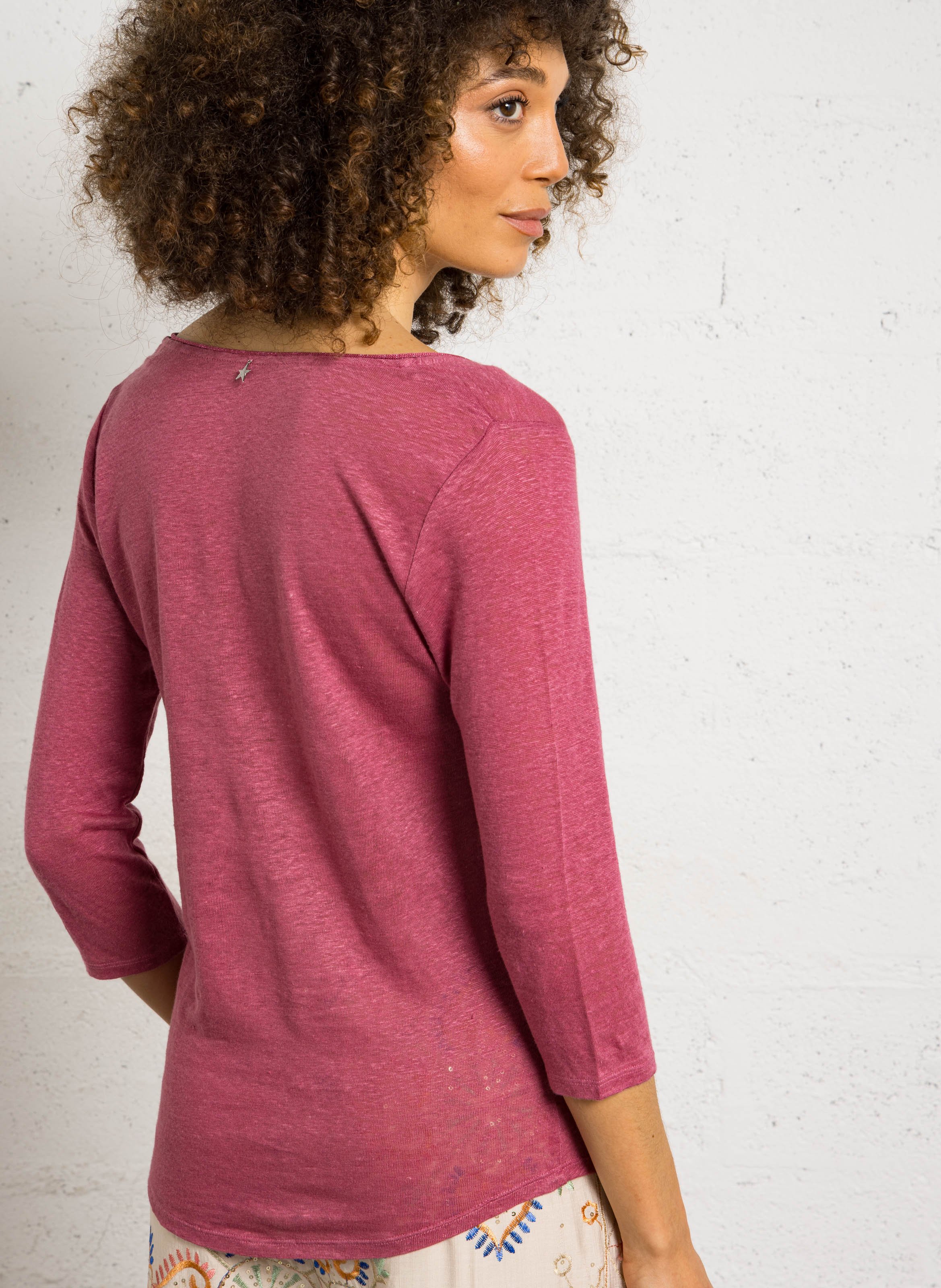 Tee-shirt col V chiné en lin  SUD EXPRESS Rose