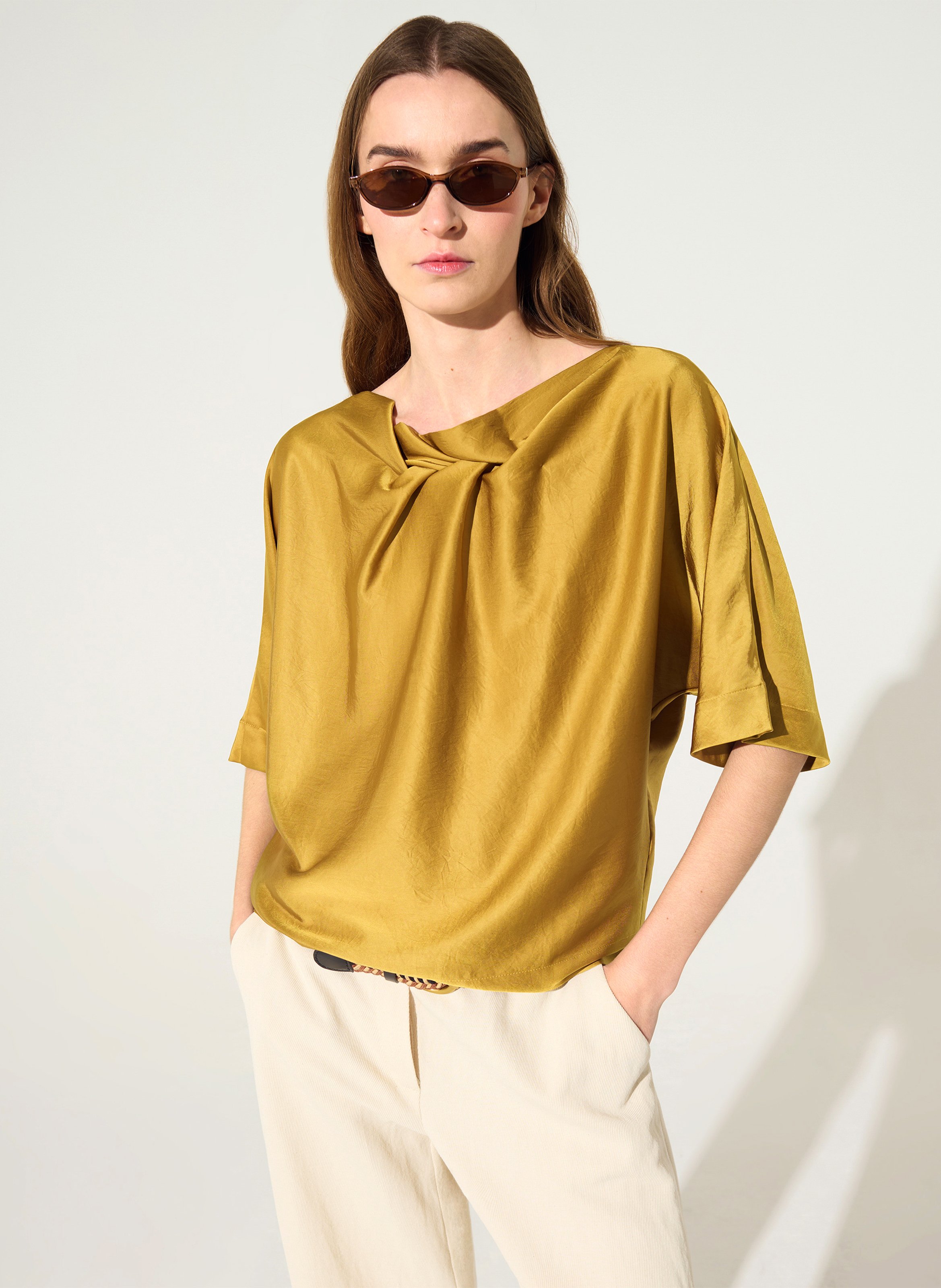 Satin top with asymmetrical neckline COTELAC Yellow