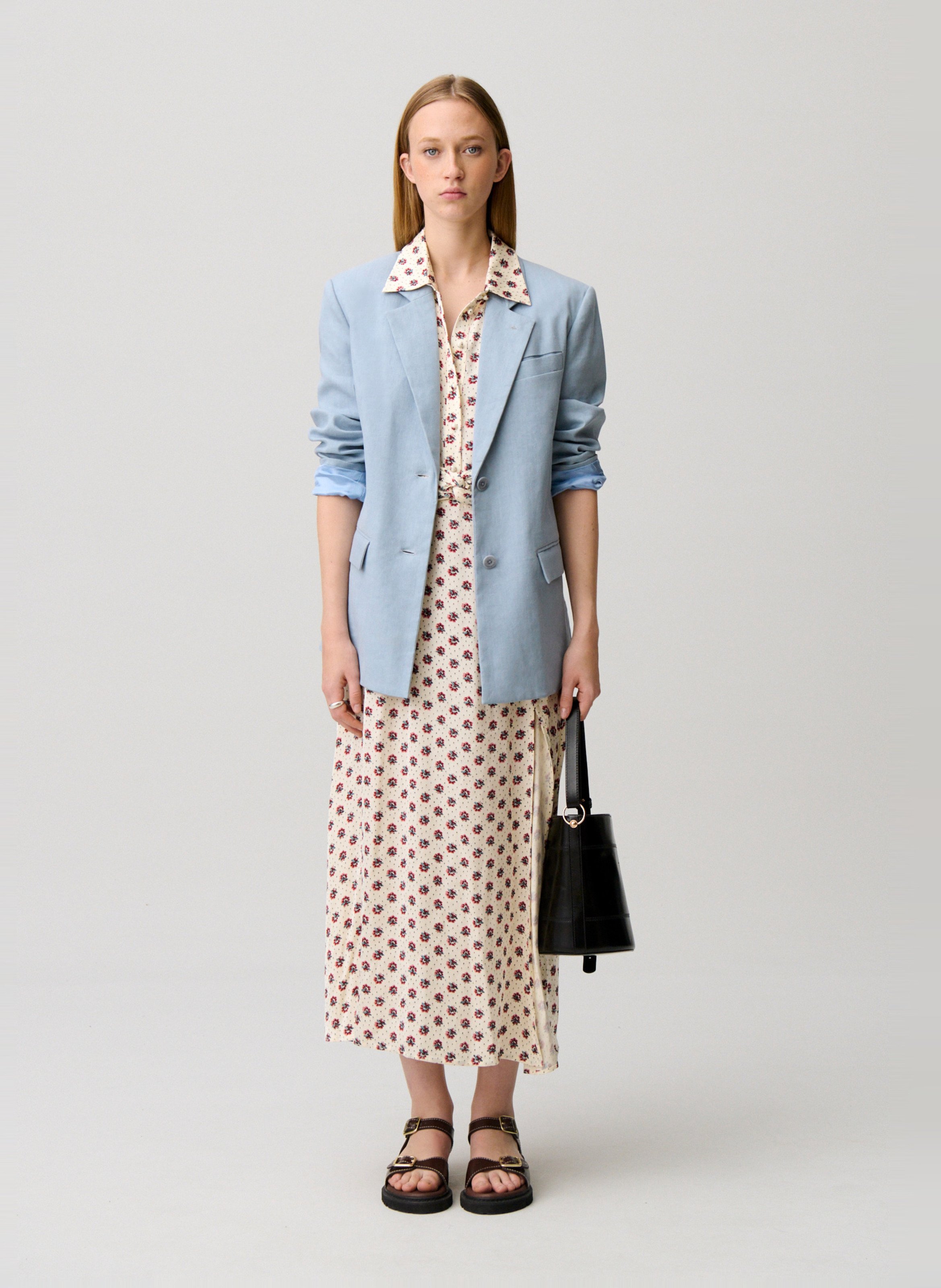 Veste tailleur droite en lin mélangé CLAUDIE PIERLOT Bleu