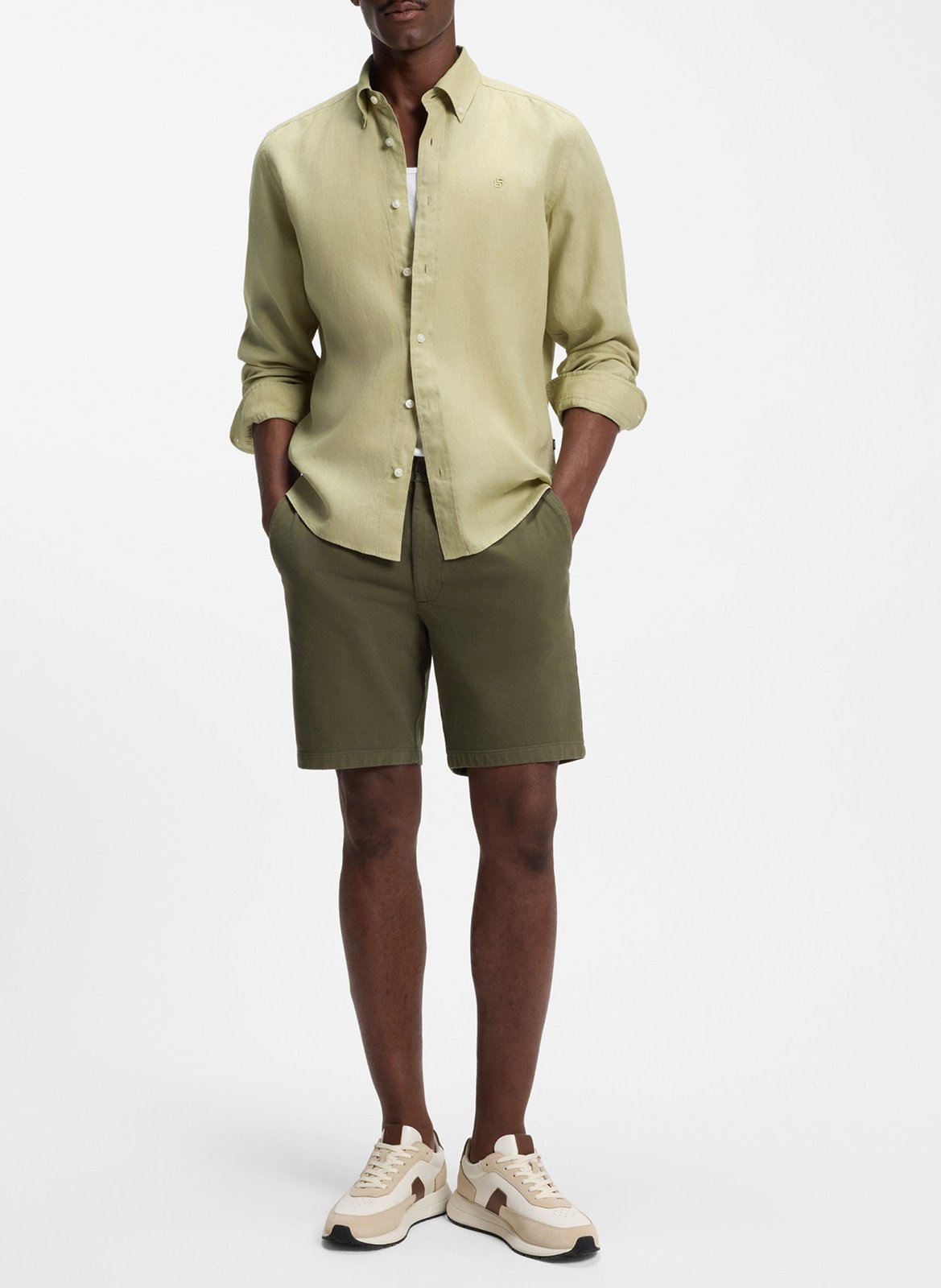 Classic-neck linen shirt | Khaki BOSS Men