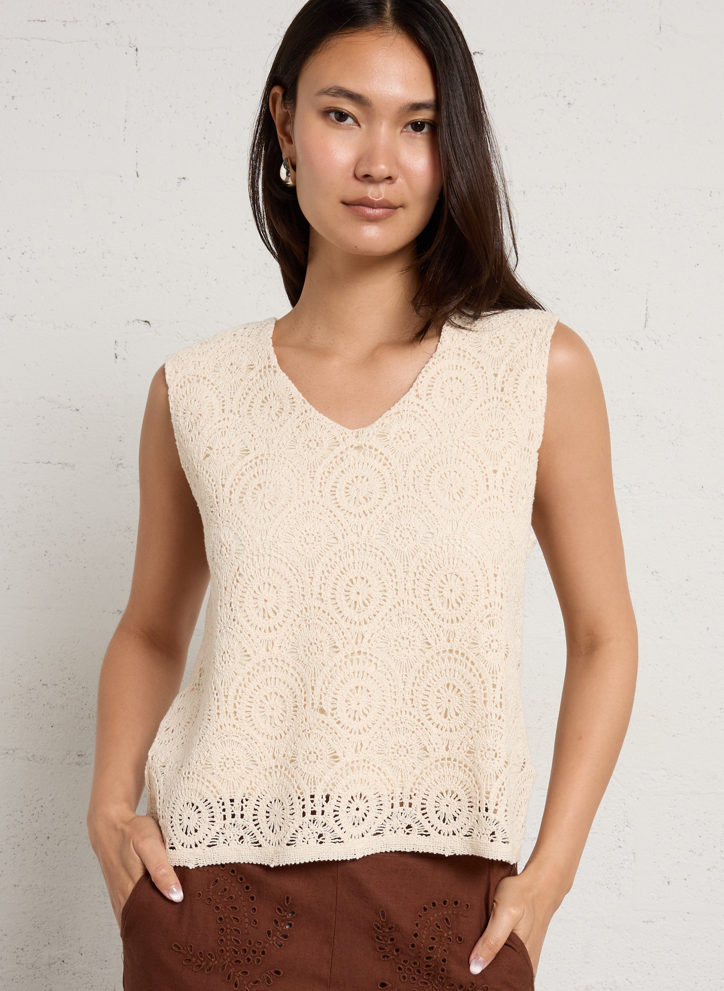 Sleeveless V-neck cotton-blend top SUD EXPRESS Beige