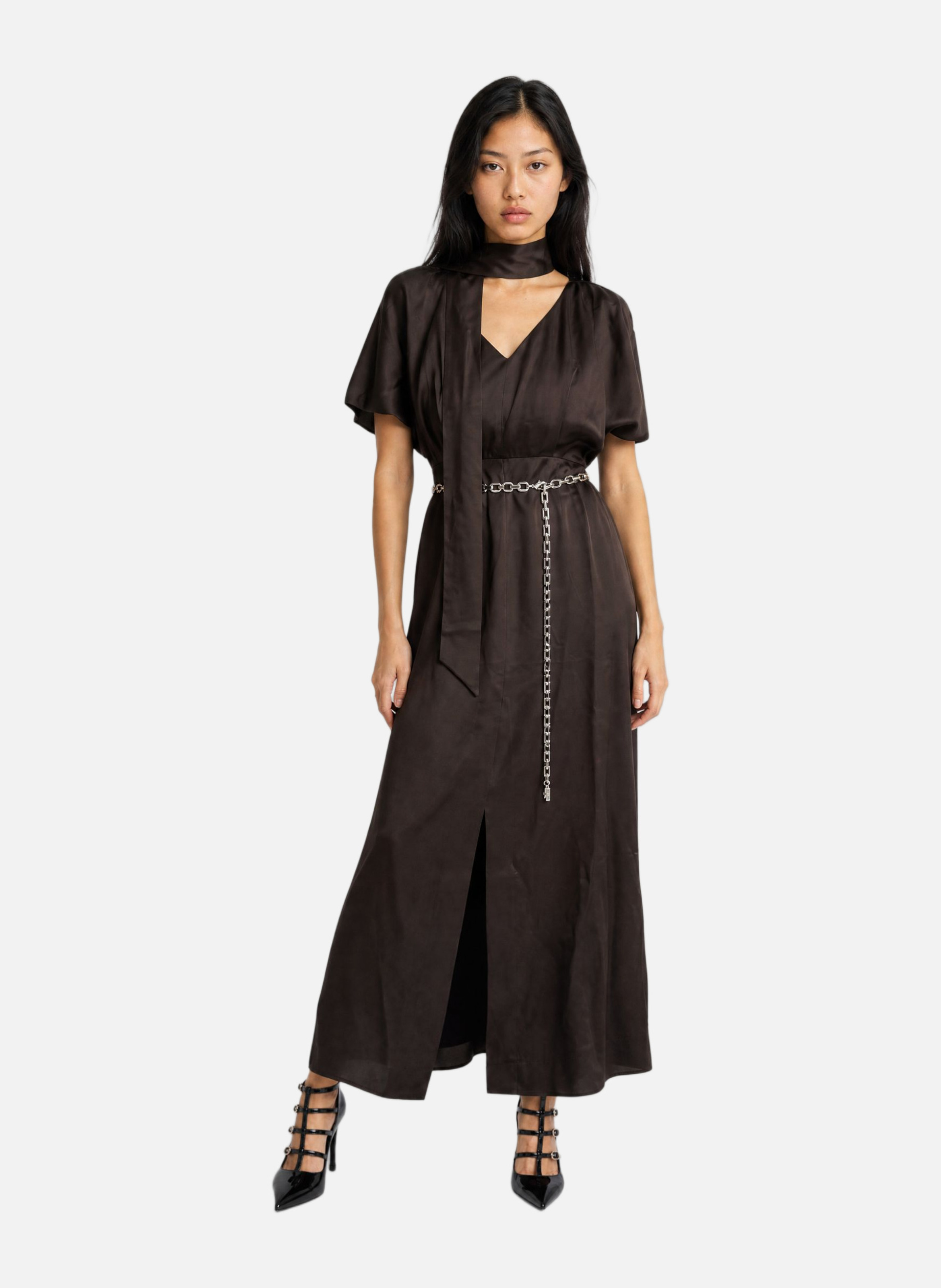 Long satin brown dress with lavallière collar THE KOOPLES Brown