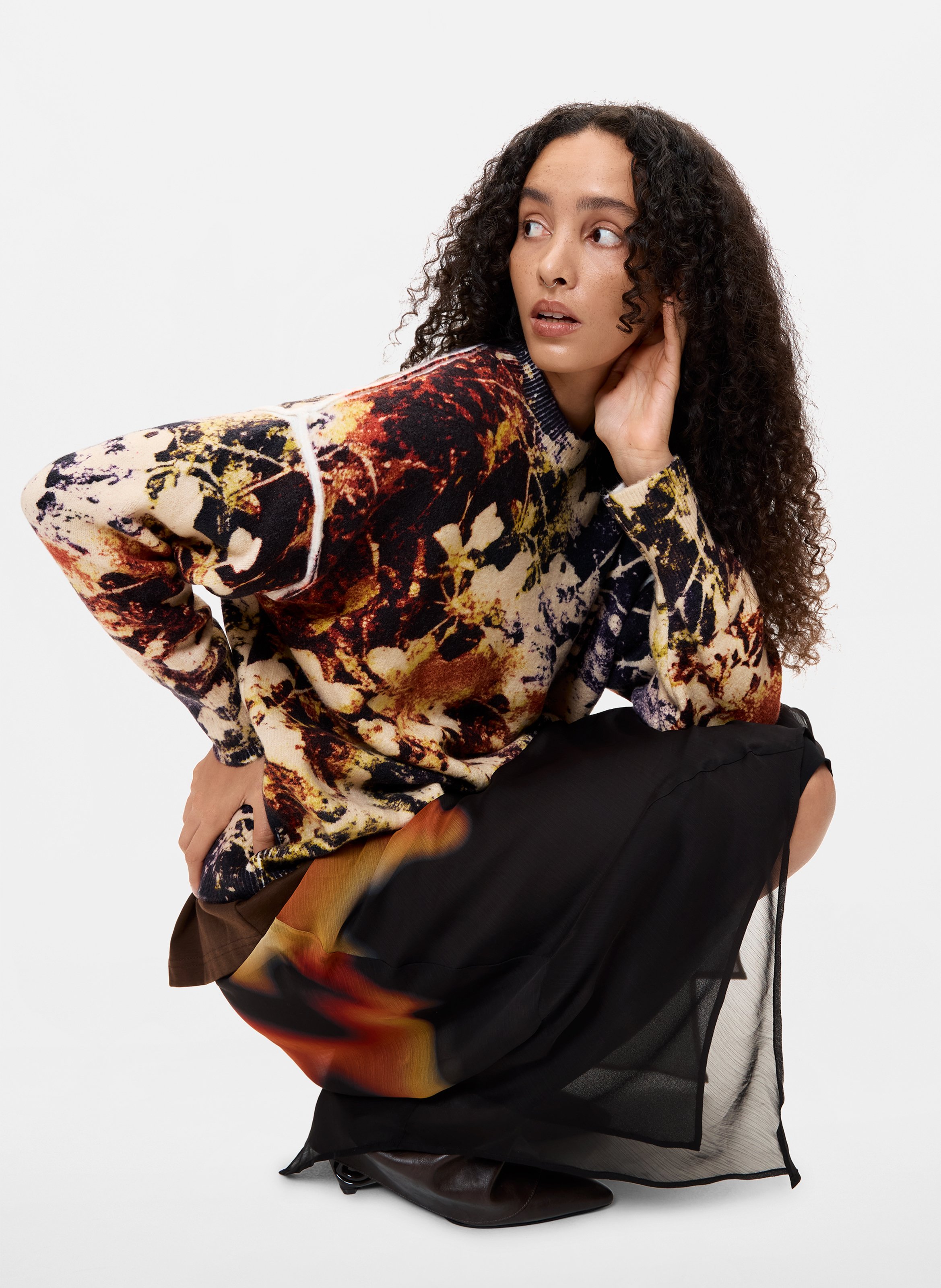 Pull col rond ample imprimé DESIGUAL Jaune