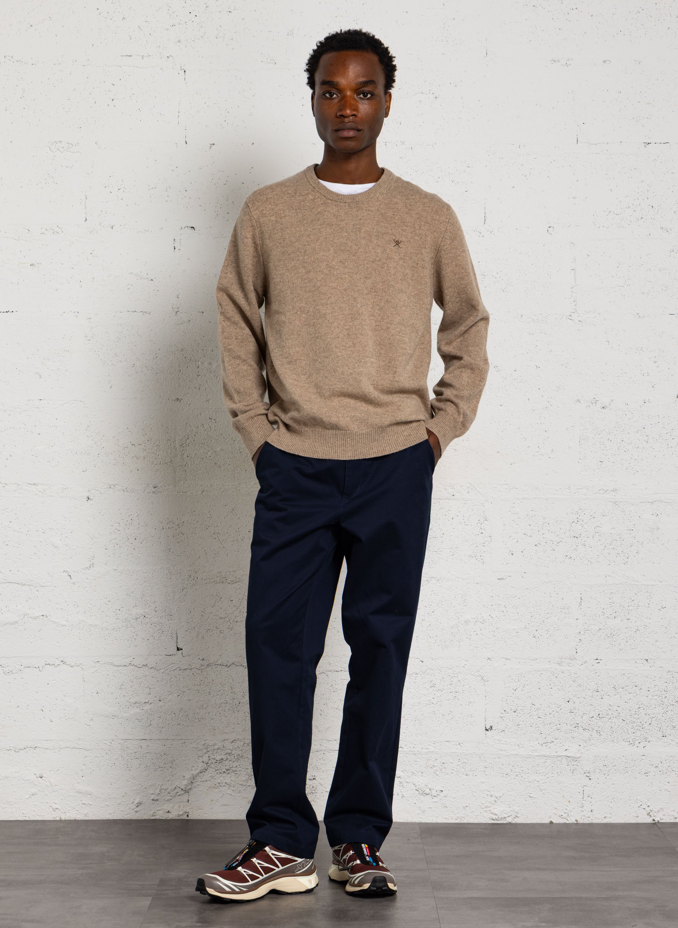 Pull droit col rond brodé en laine HACKETT Blanc