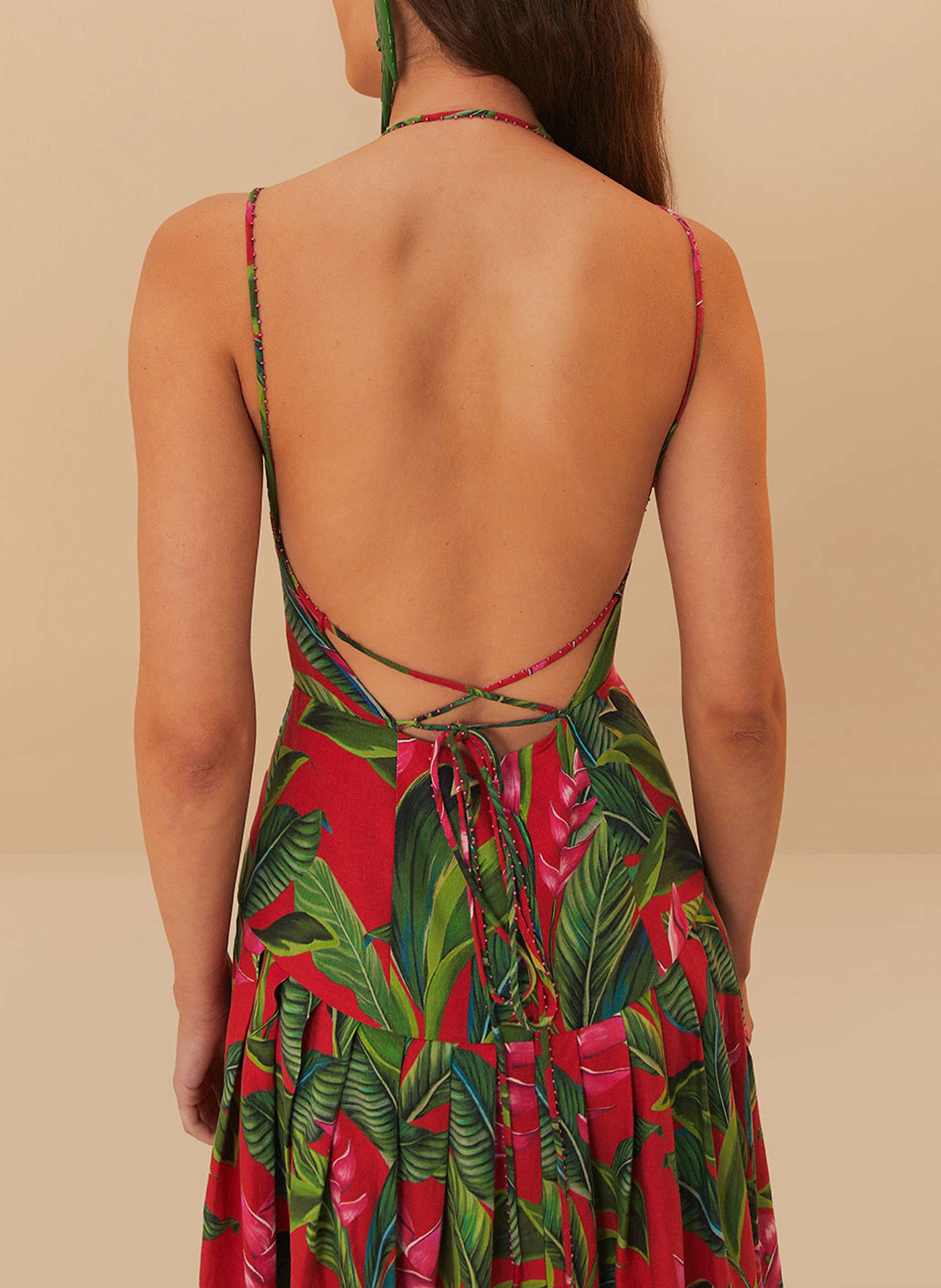 Square Neck Midi Dress in Linen Blend FARM RIO Red