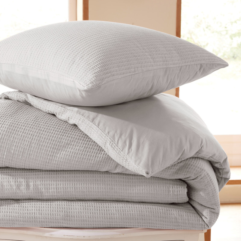 Parure de couette "nid d'abeille" 240 x 220 pour lit 2 places 140 à 160 cm COTON PUR Gris