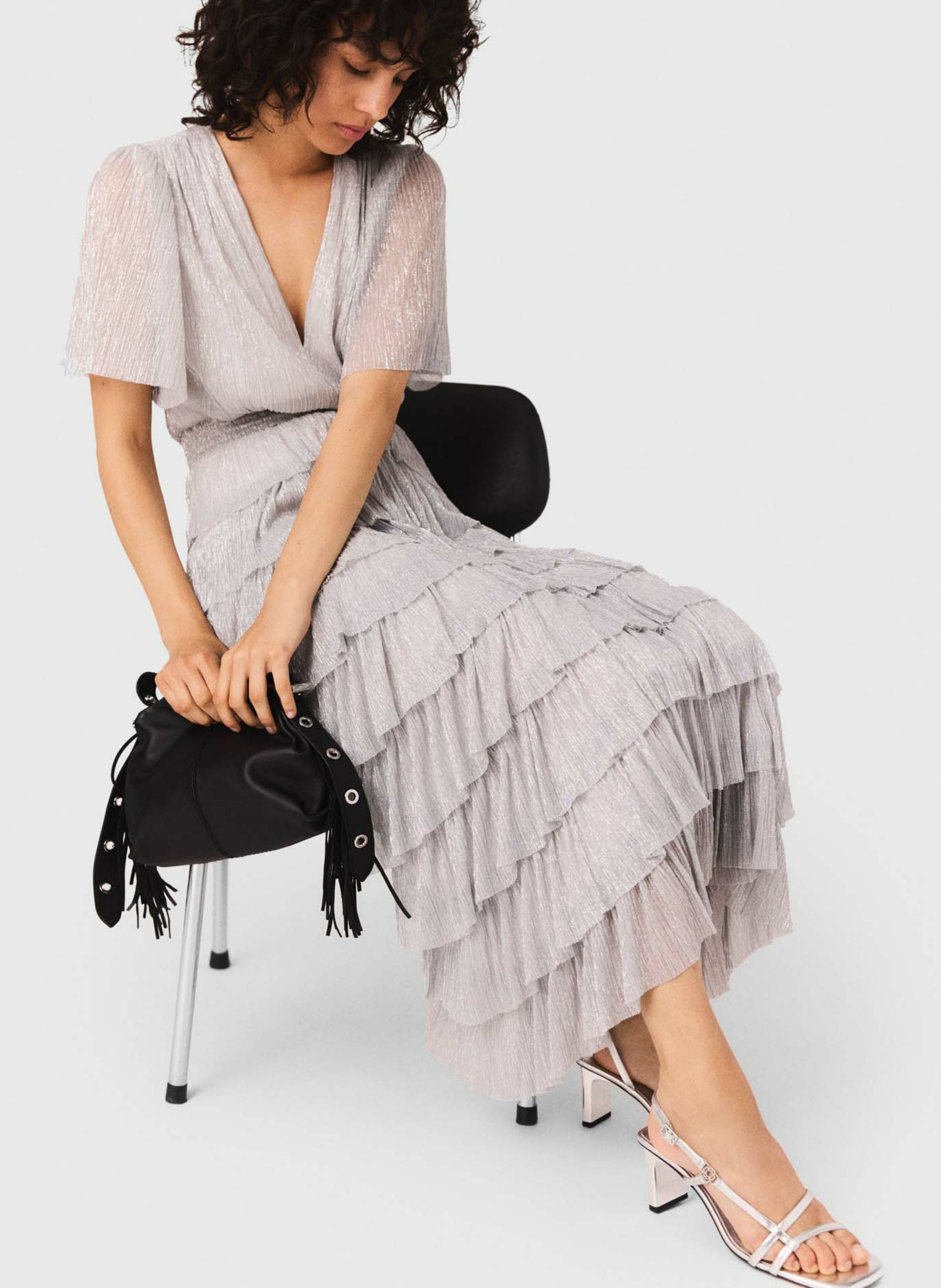 Metallic Ruffled Midi Dress MAJE Silver