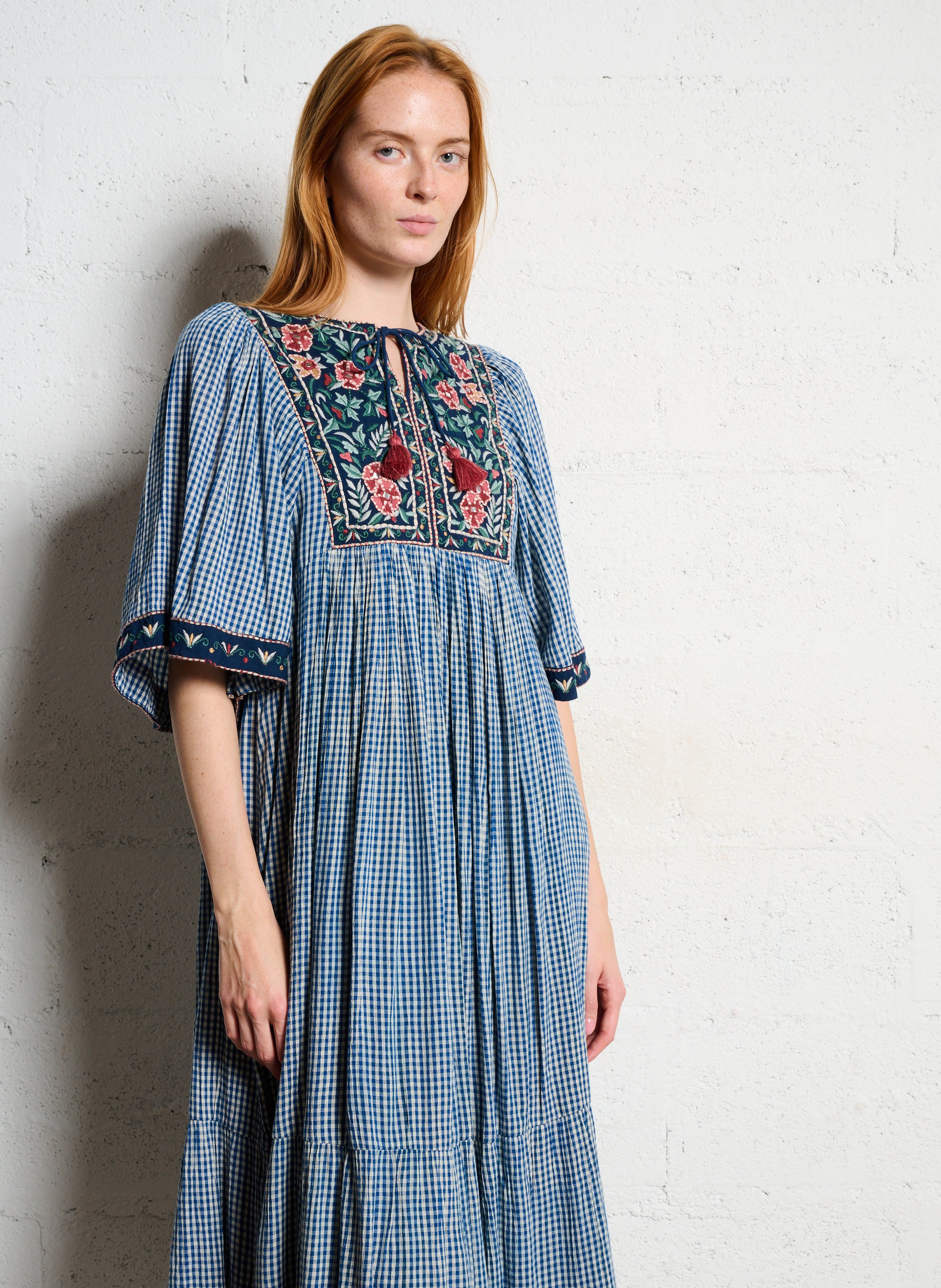 Maxikleid aus Baumwolle mit Henley-Ausschnitt und Print MAISON HOTEL Blau