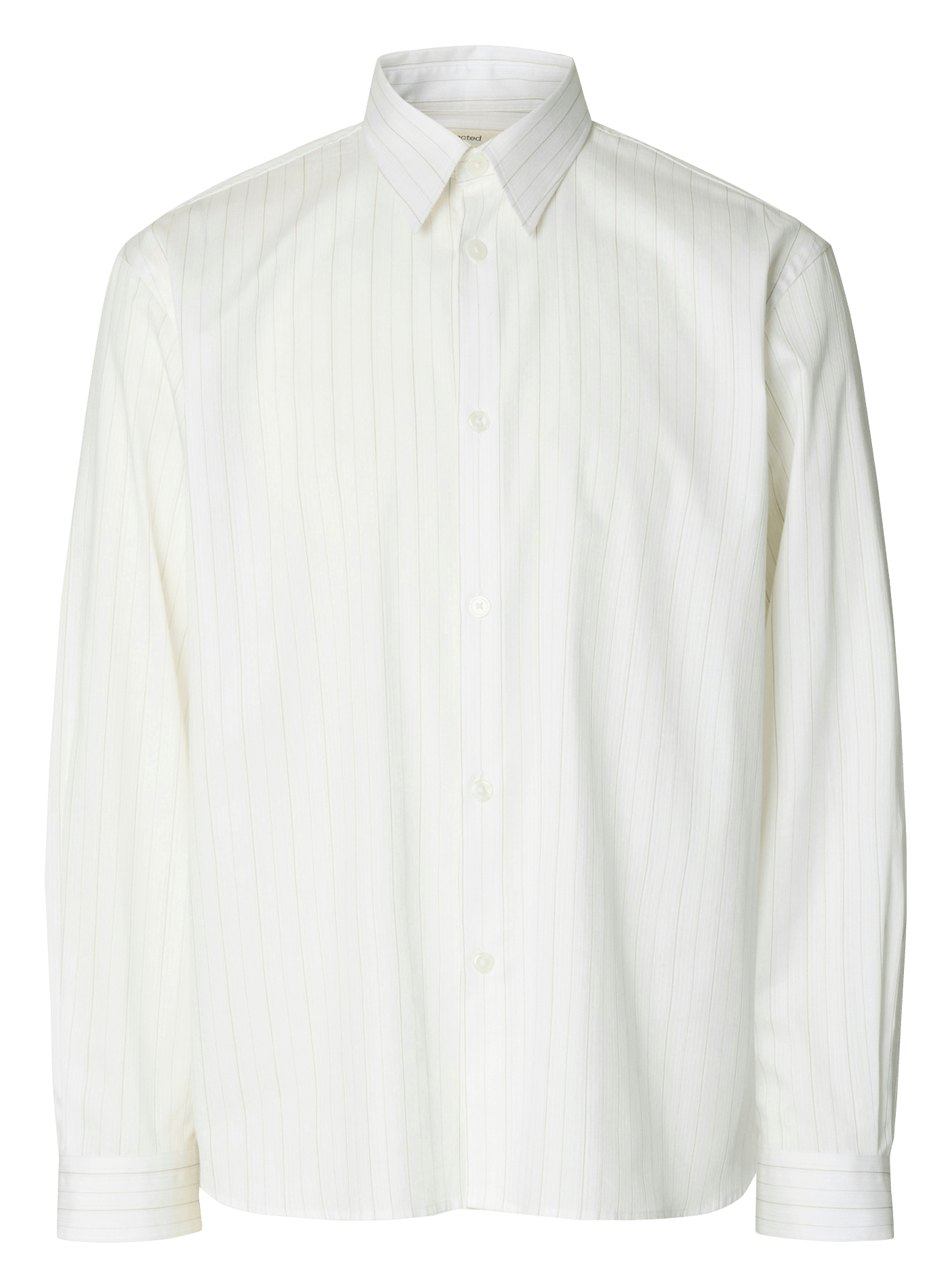 Rechte blouse met klassieke kraag van biologisch katoen en gestreept katoen. SELECTED Beige