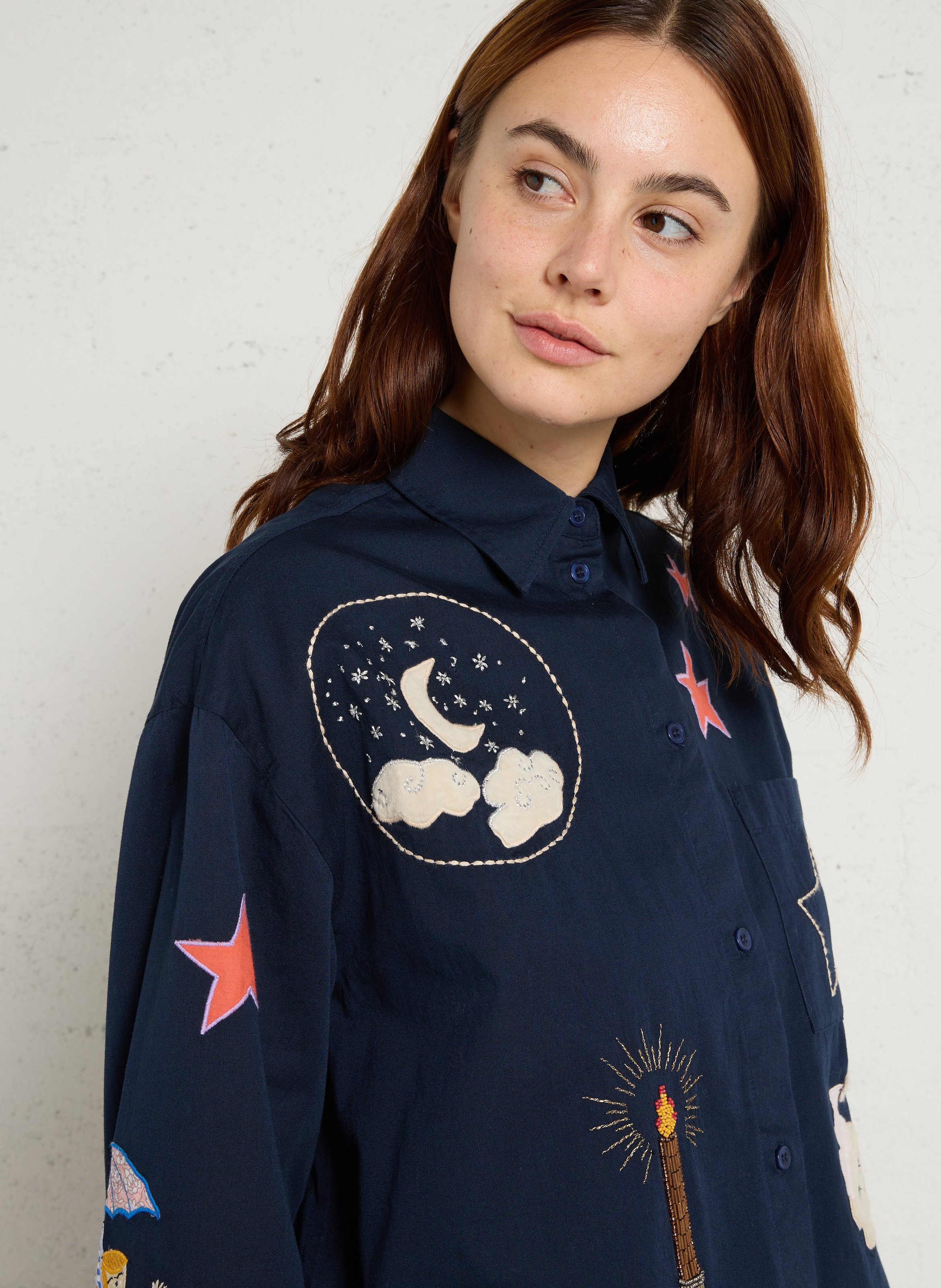 Oversized Bio-Baumwollhemd mit Stickerei STELLA NOVA Blau