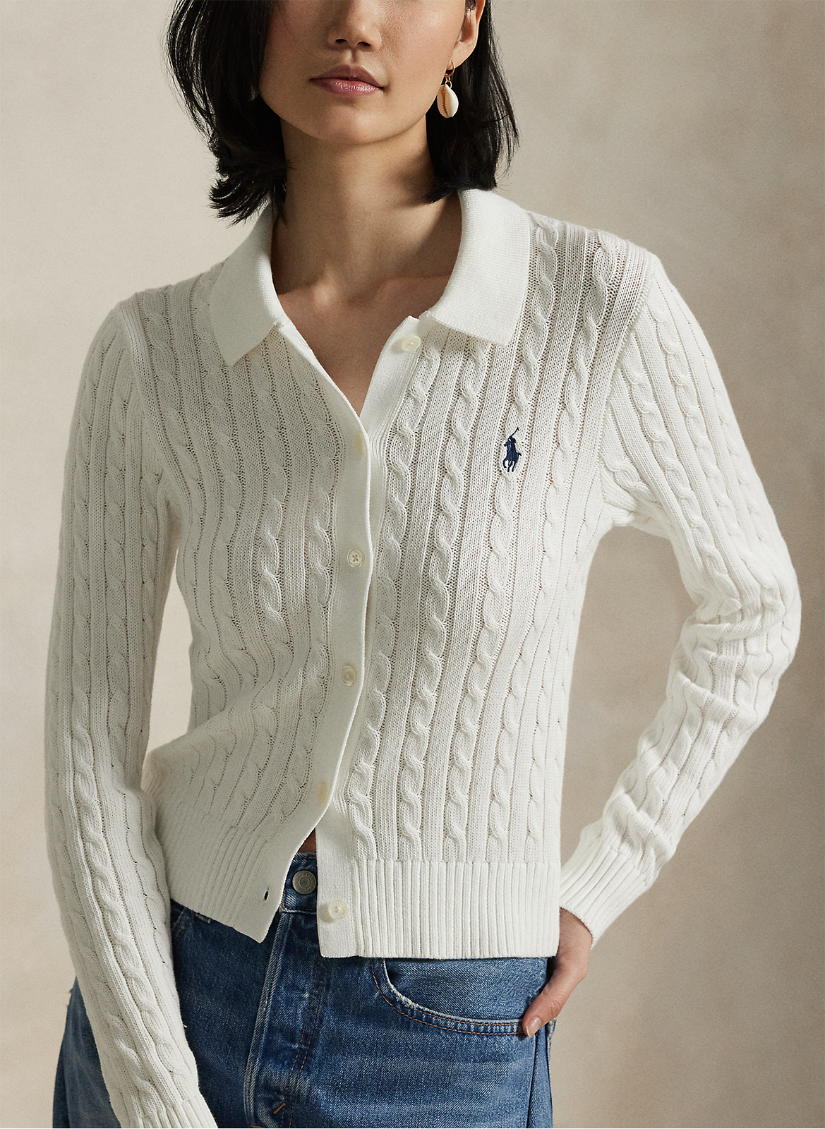 Cardigan ajusté col classique en coton POLO RALPH LAUREN Blanc