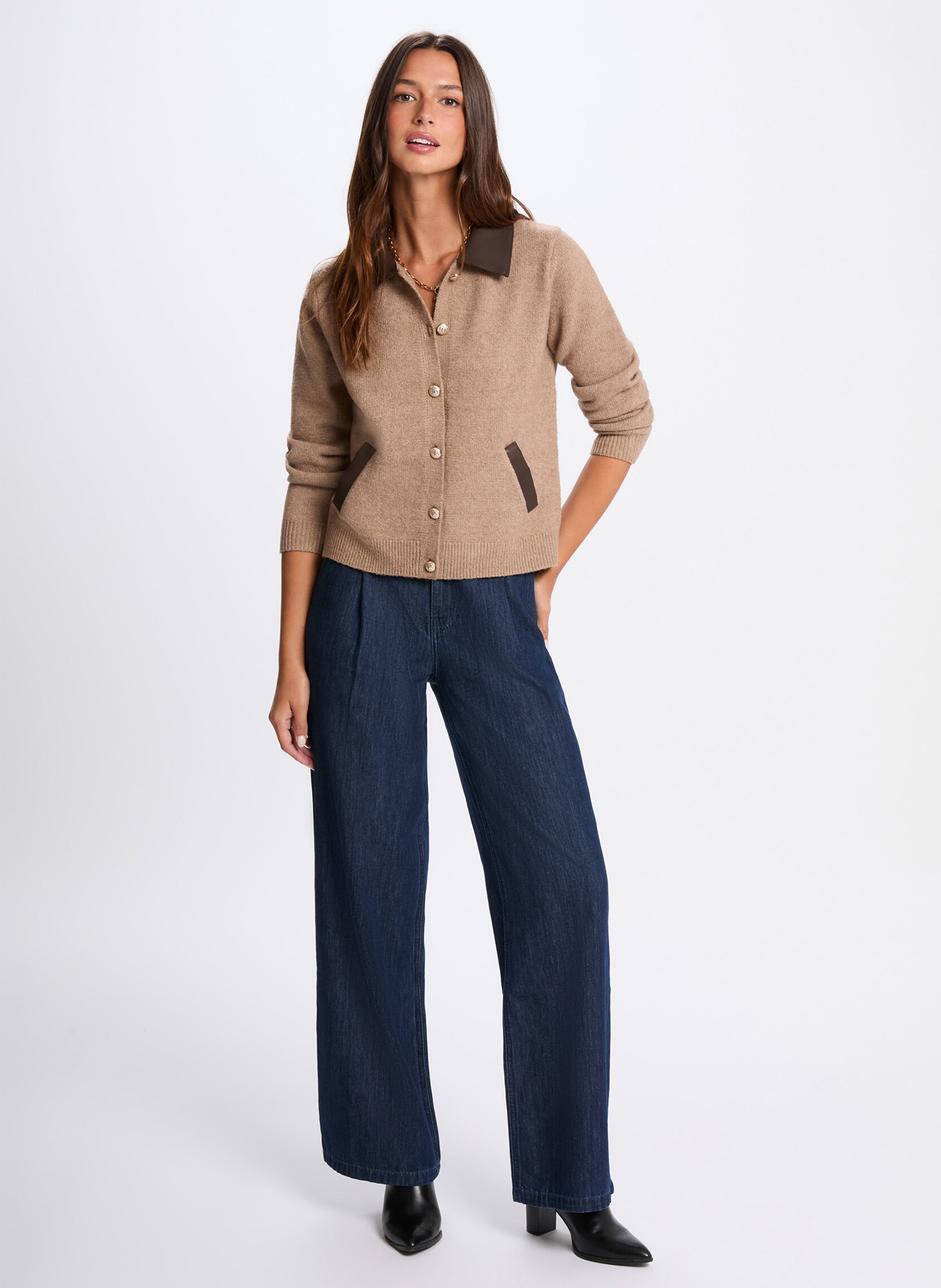 <Cardigan solid buttoned classic collar</cardigan> MORGAN Brown