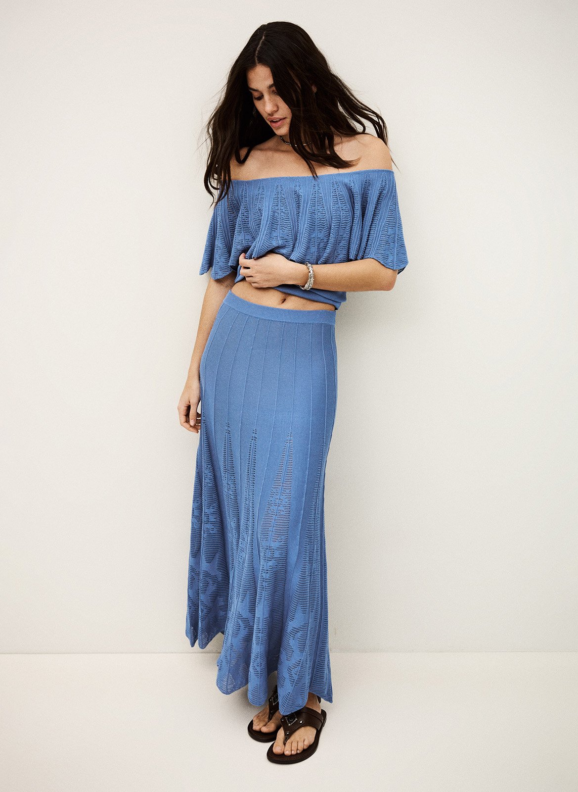 Jupe longue évasée à détails ajourés BA&SH Bleu