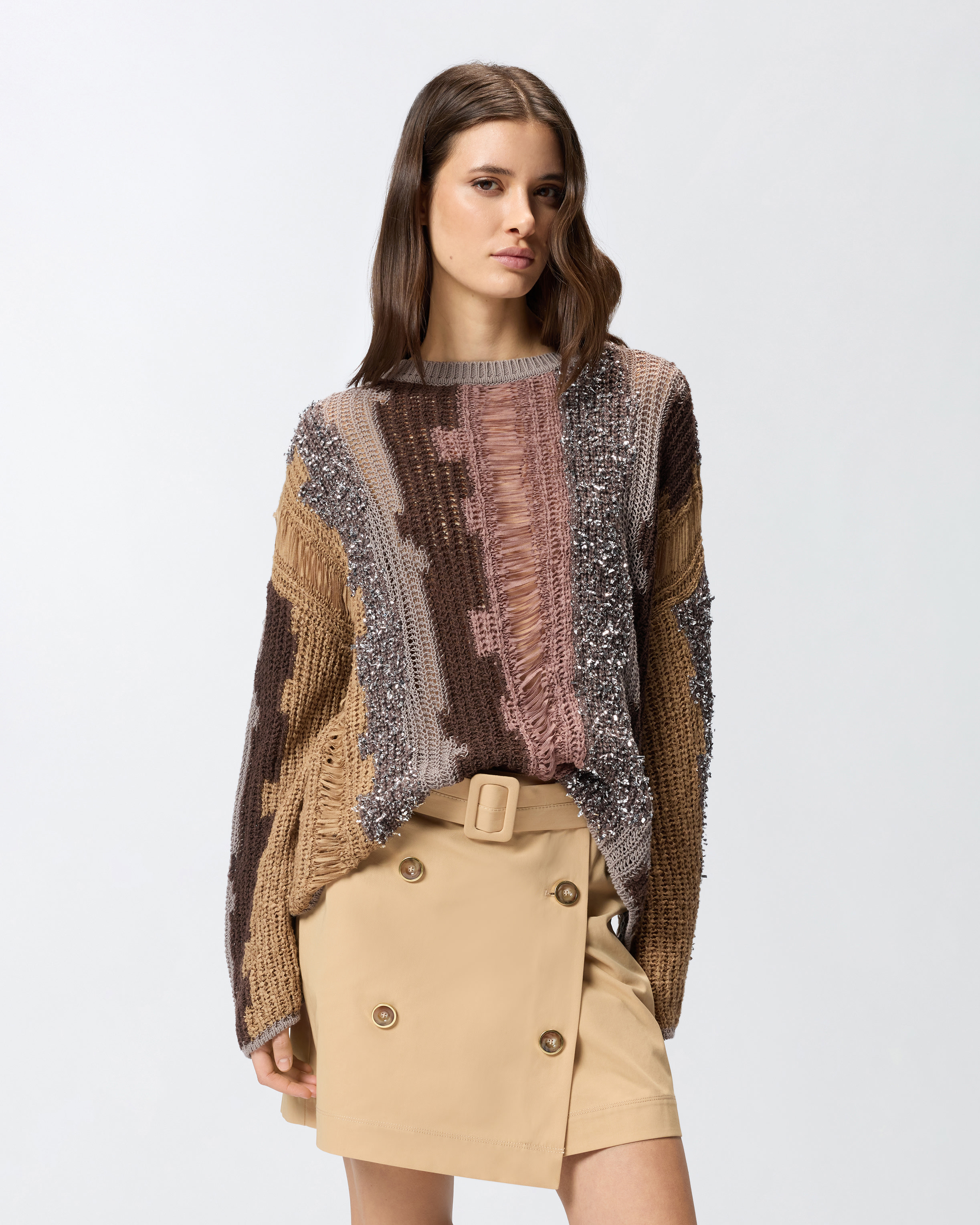 Pull à fils contrastants en intarsia PINKO Marron