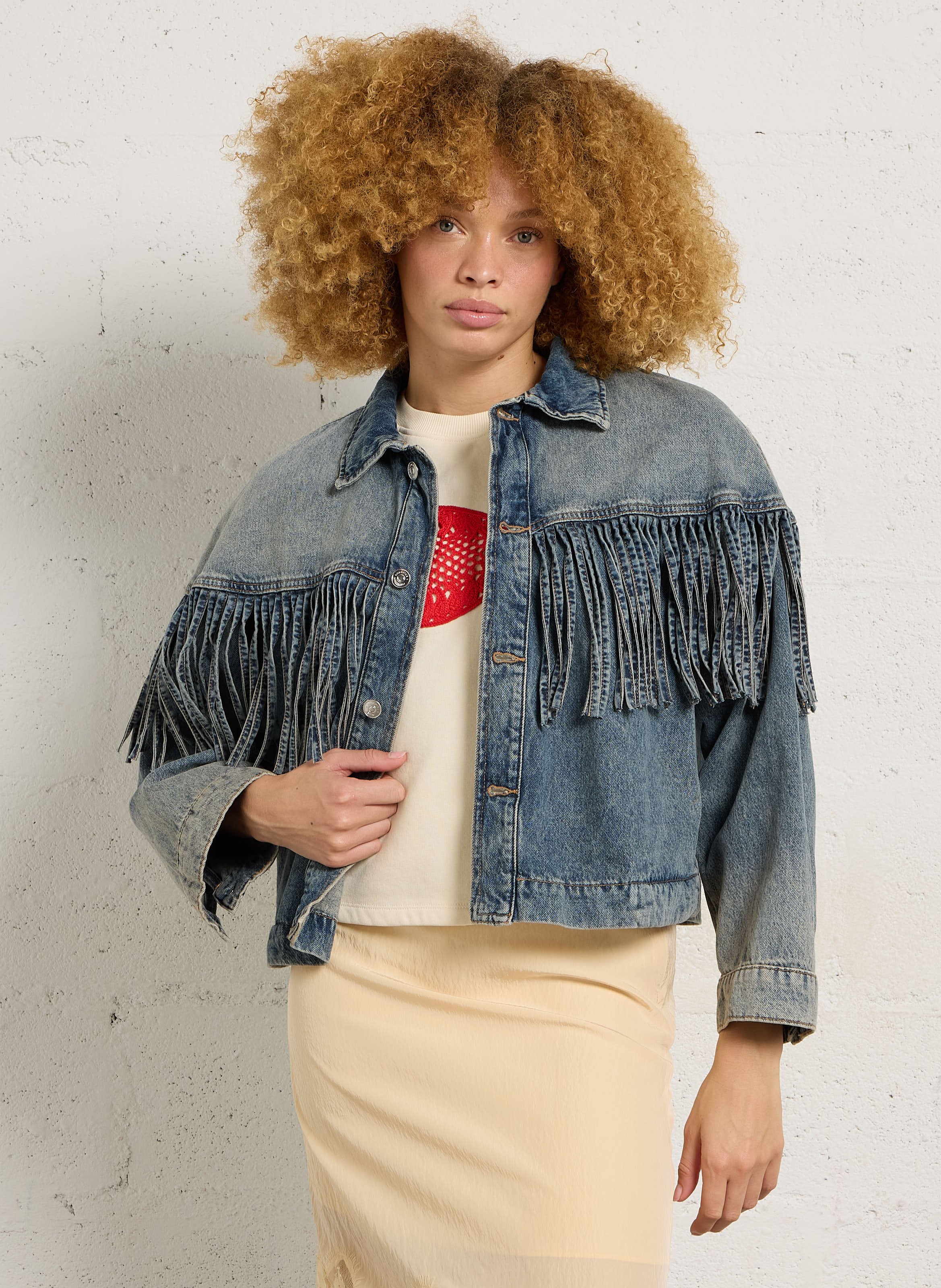 Gerade Jeansjacke mit Fransen in verwaschenem Denim BERENICE Blau