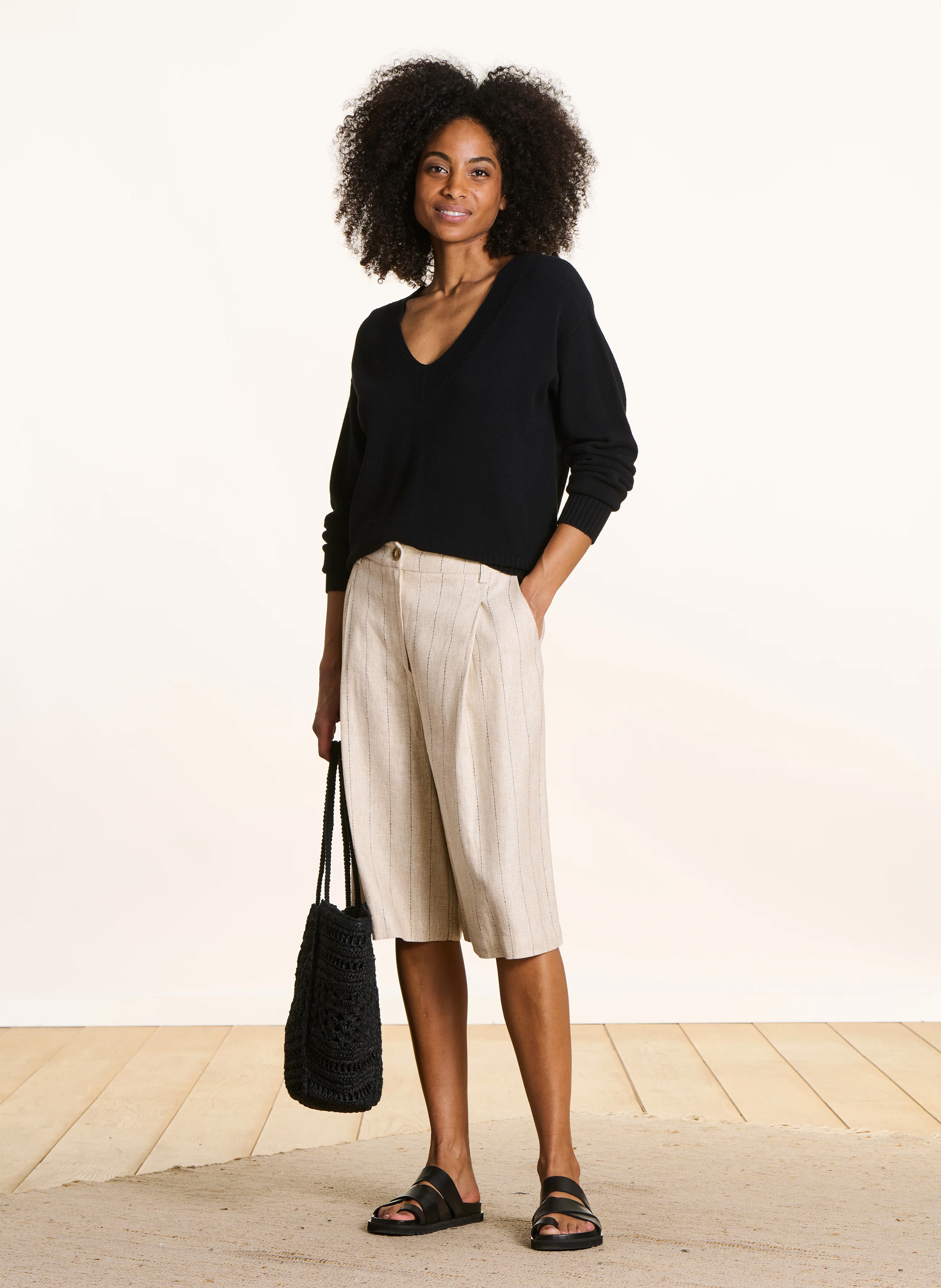 Loose-fit mixed-knit V-neck sweater LA FEE MARABOUTEE Black