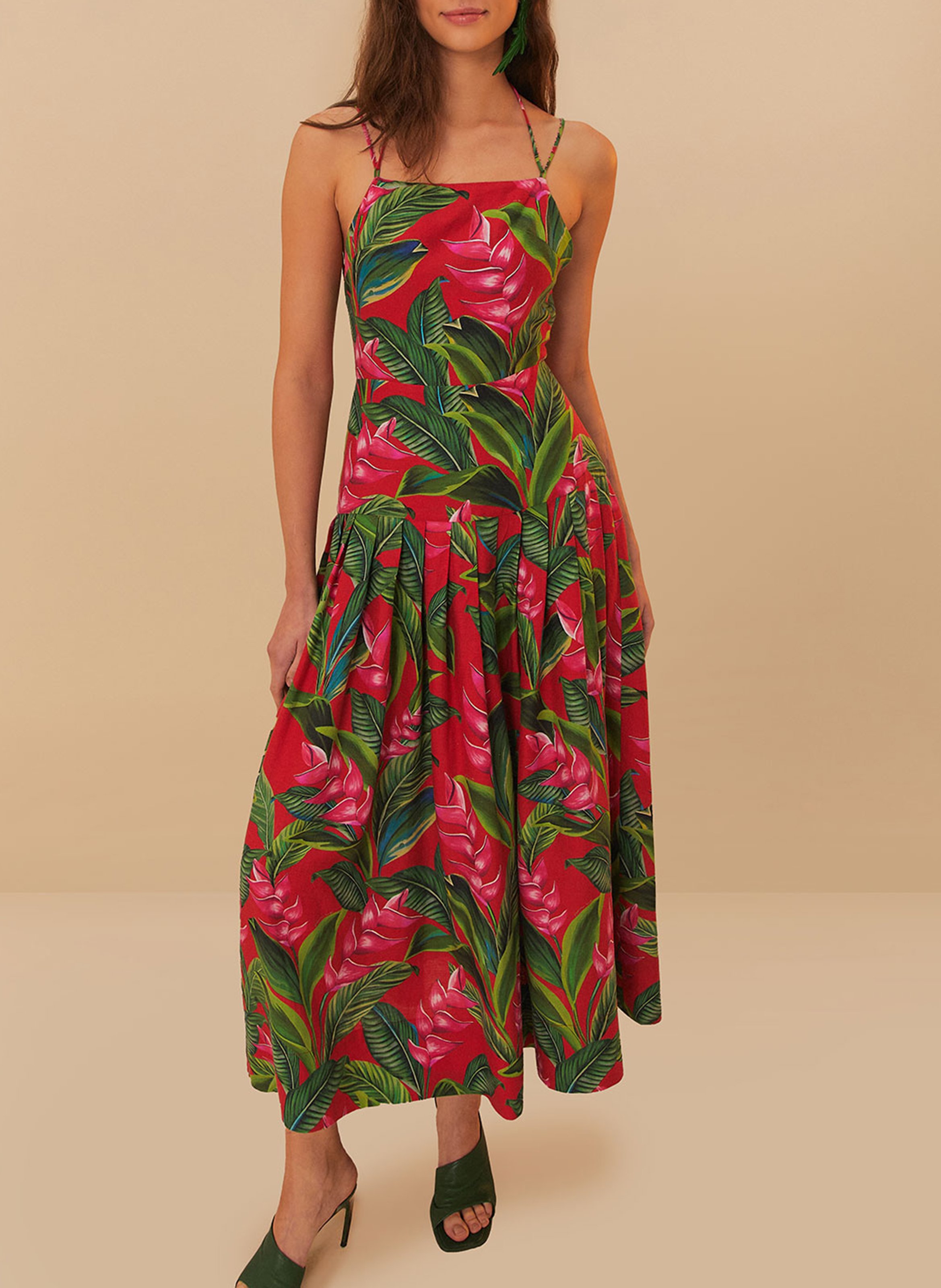 Square Neck Midi Dress in Linen Blend FARM RIO Red