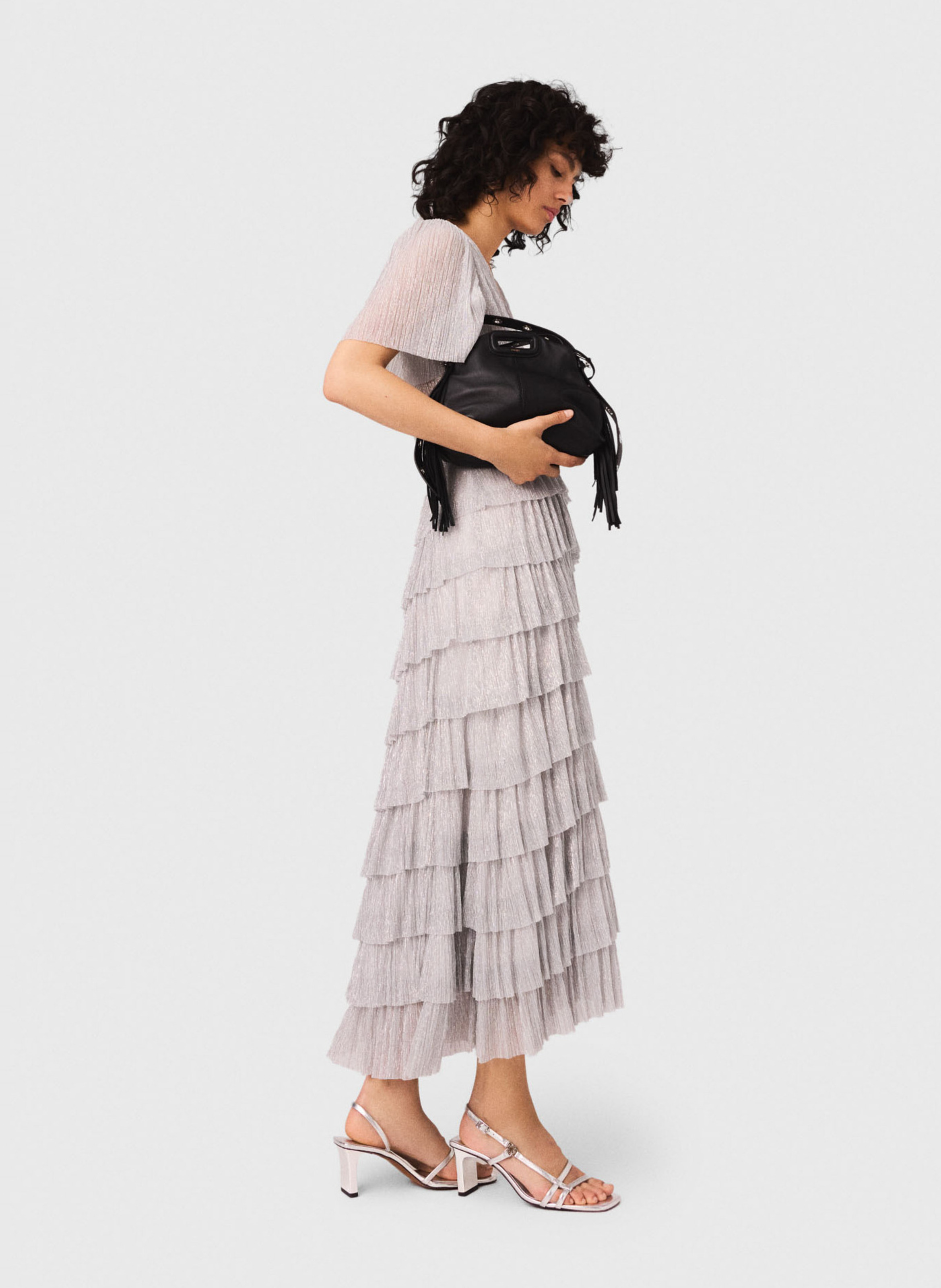 Metallic Ruffled Midi Dress MAJE Silver