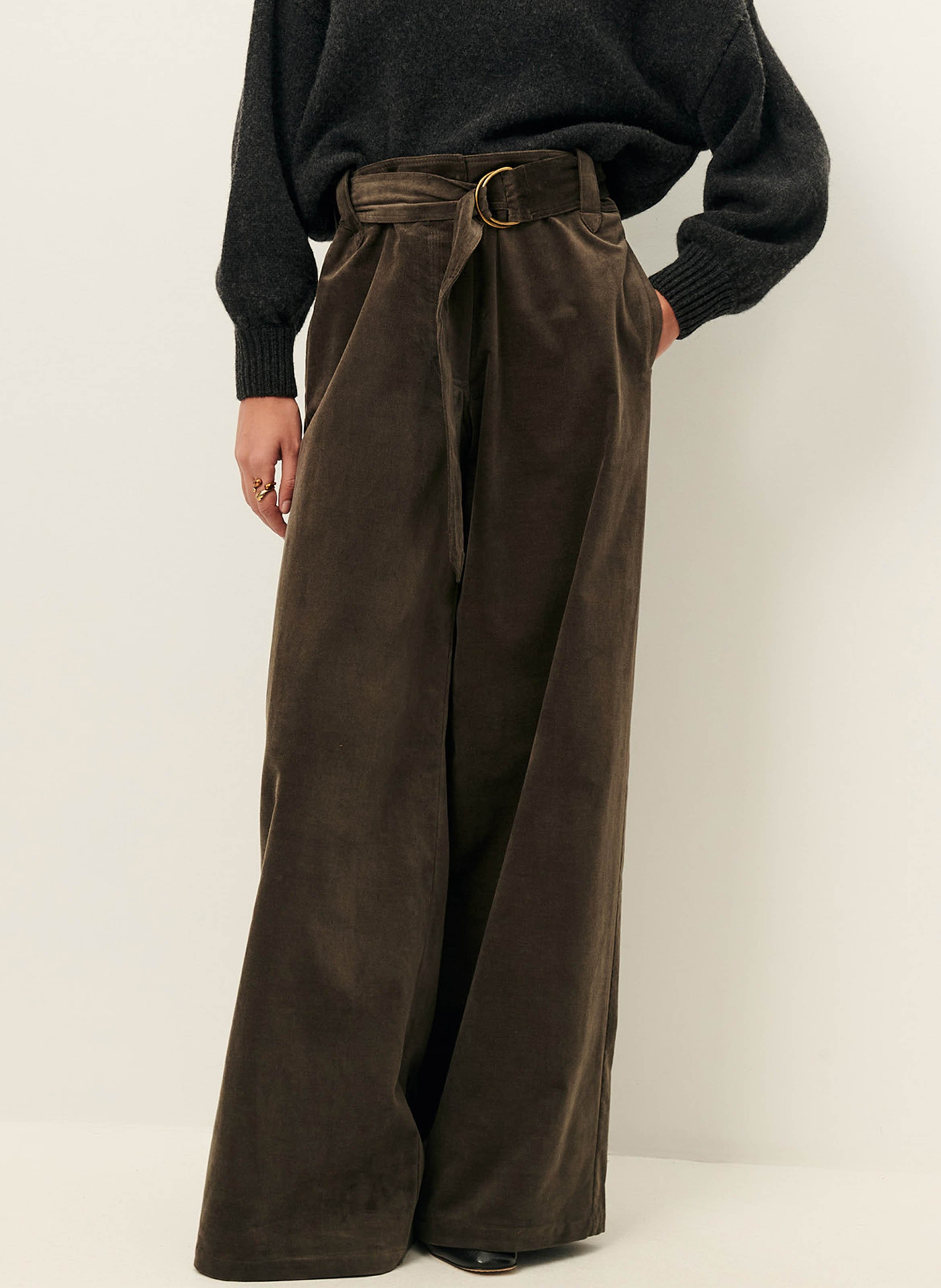 Wide-leg high-waisted cotton-blend pants SESSUN Brown