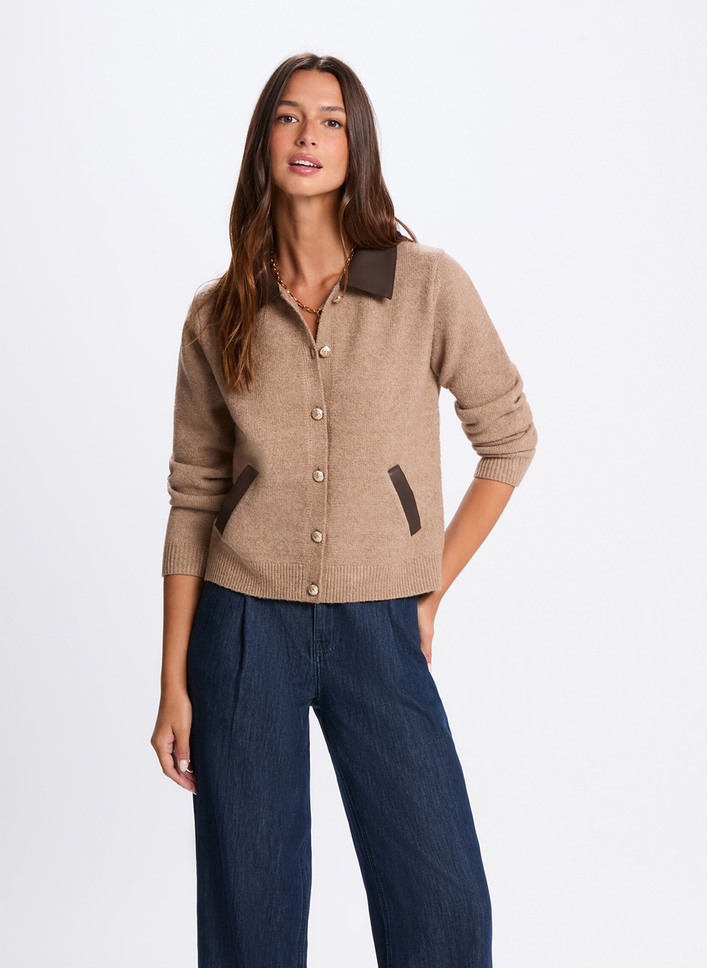 <Cardigan solid buttoned classic collar</cardigan> MORGAN Brown