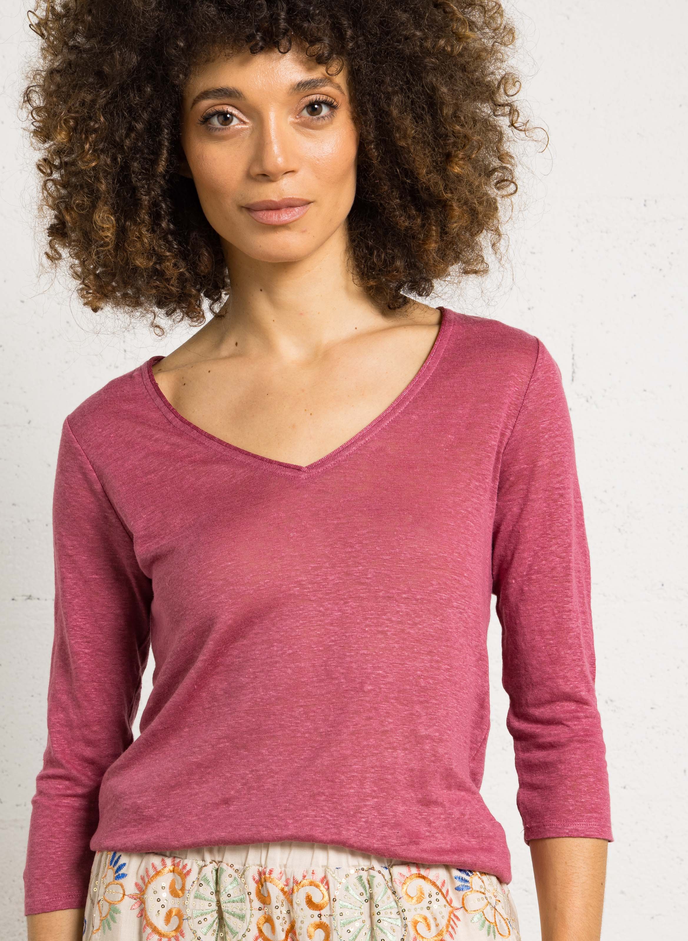 Tee-shirt col V chiné en lin  SUD EXPRESS Rose