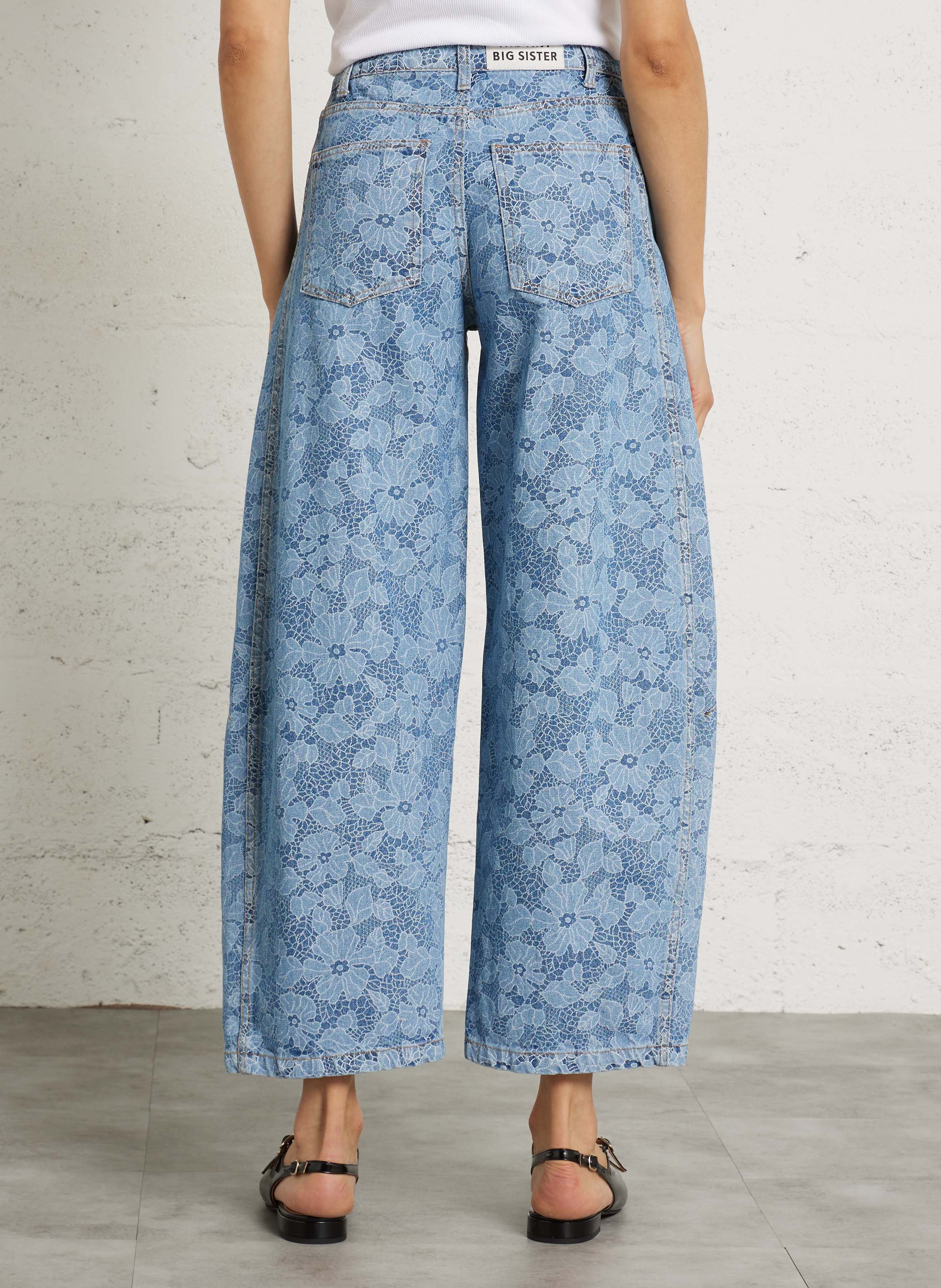 Wide-leg printed cotton jeans Blue