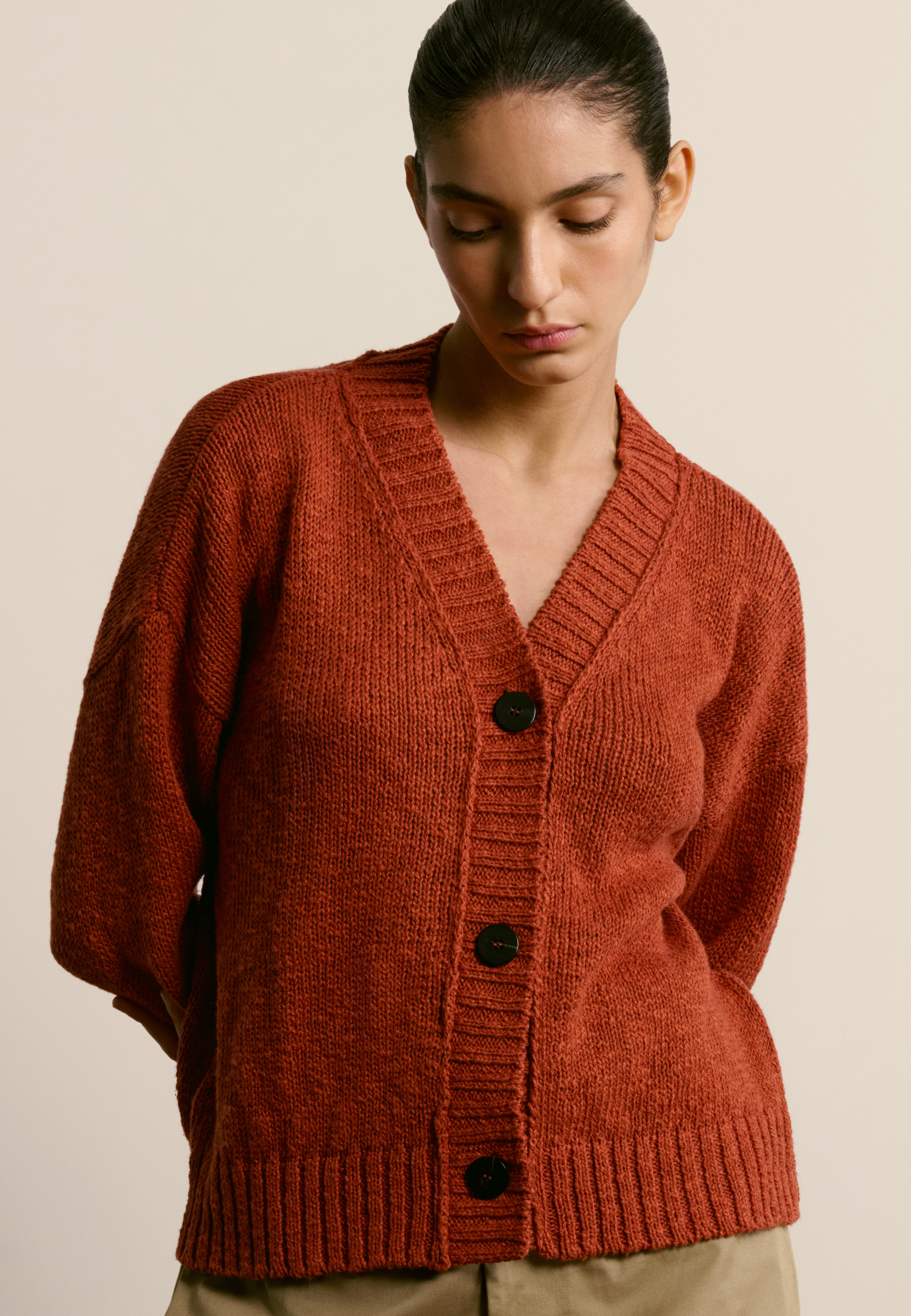 V-neck cotton and linen cardigan MAISON MONTAGUT Brown