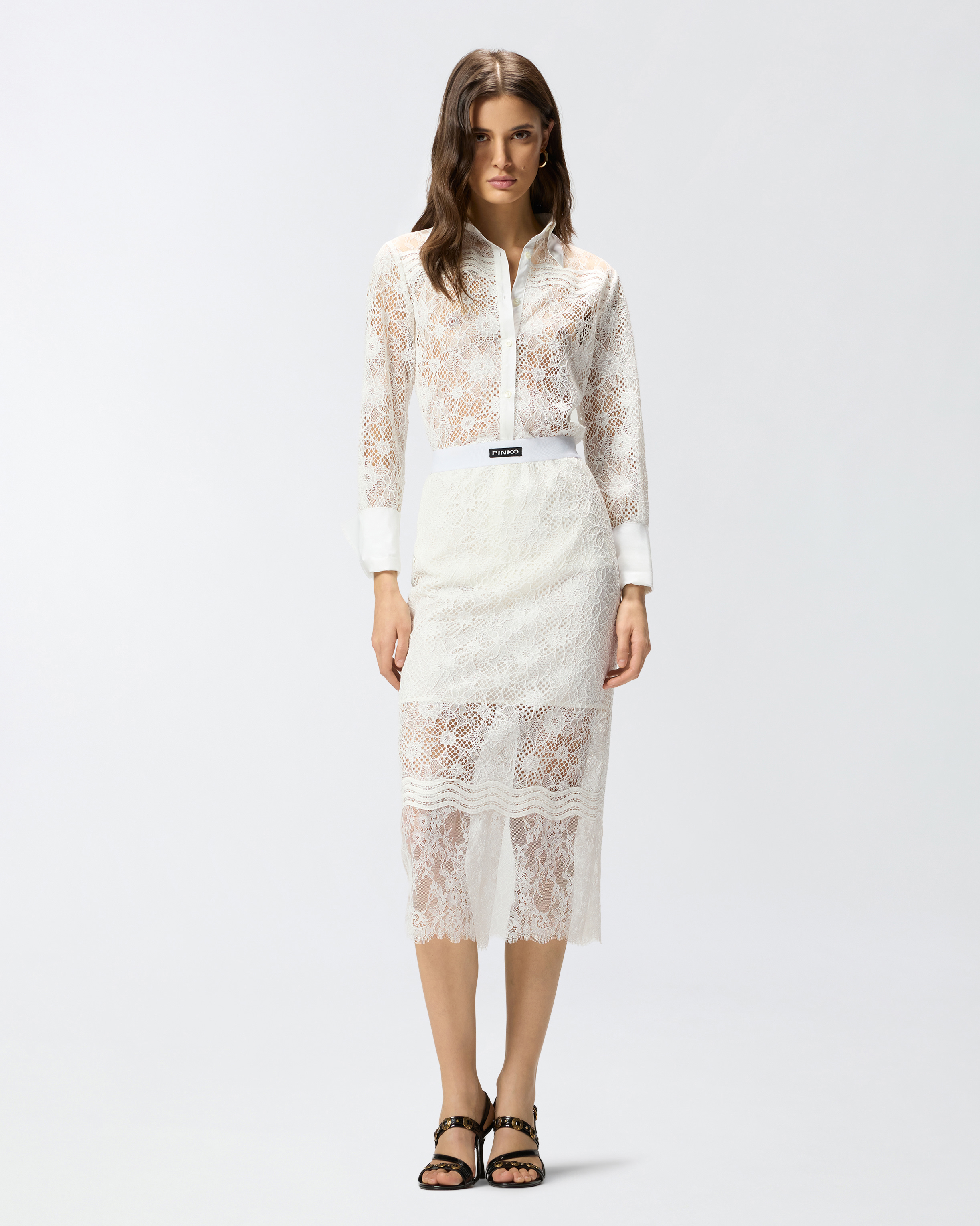 Jupe midi en dentelle avec petites fentes PINKO Blanc