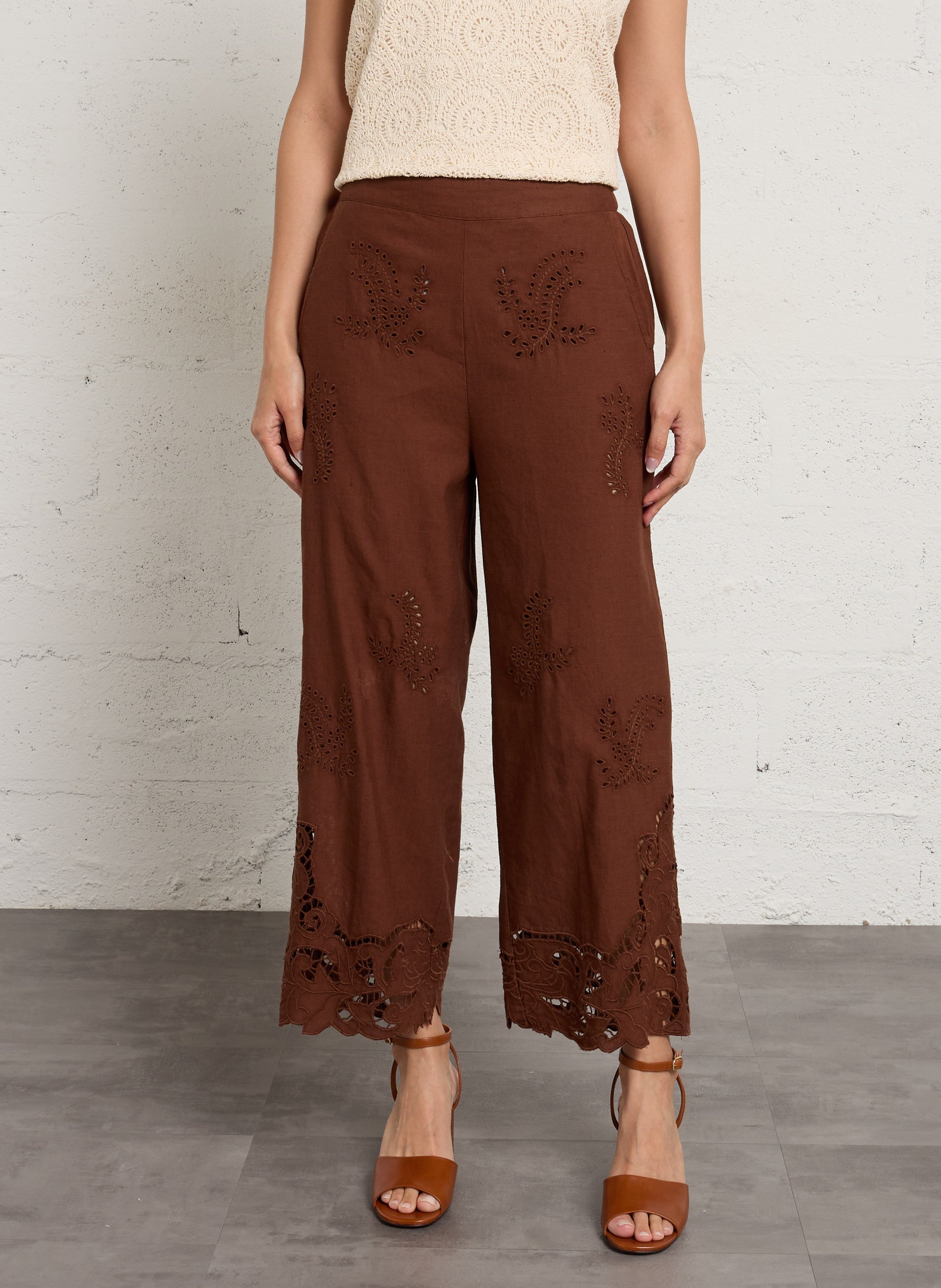 Pantalon droit en coton et lin SUD EXPRESS Marron
