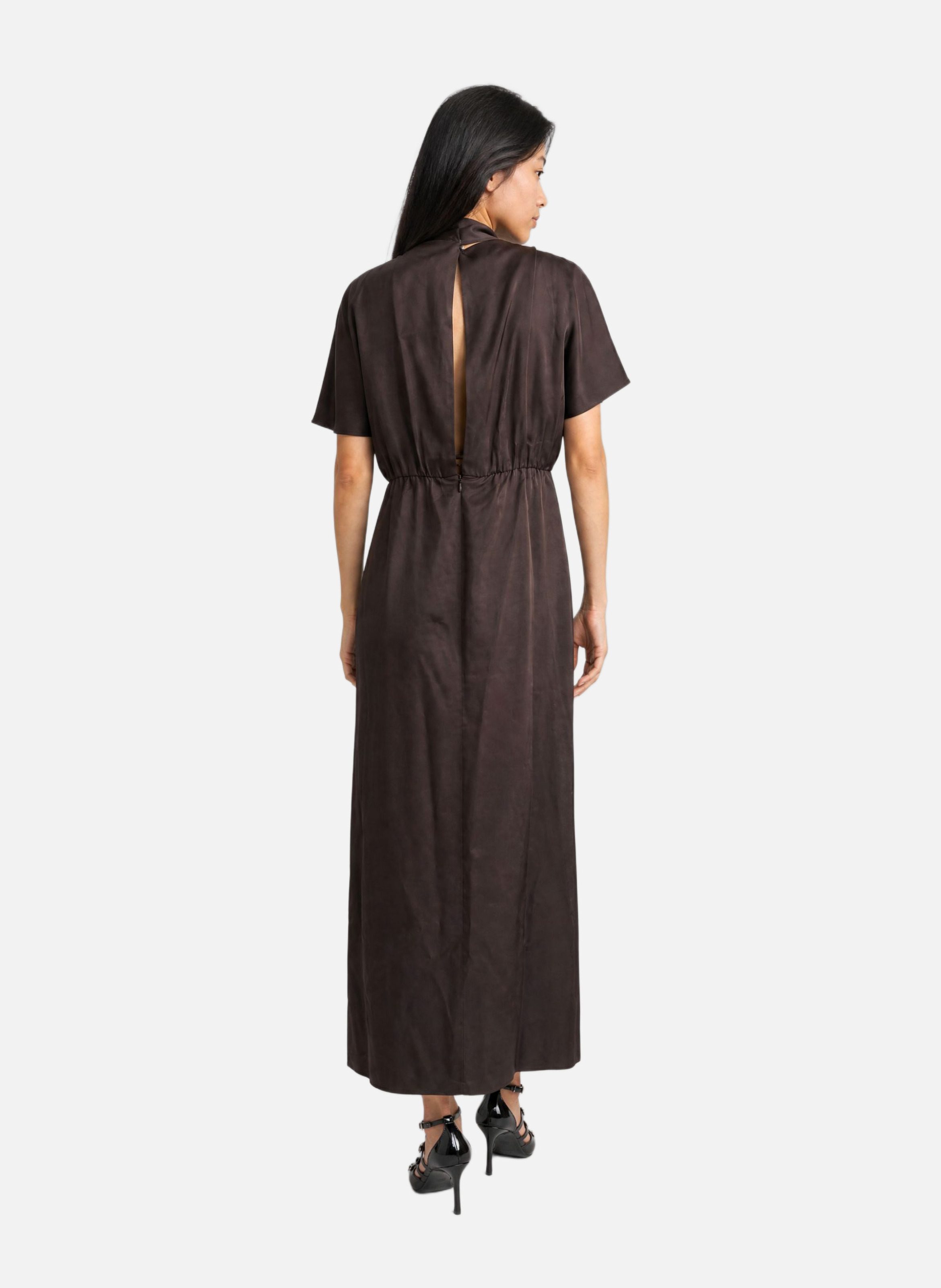 Long satin brown dress with lavallière collar THE KOOPLES Brown
