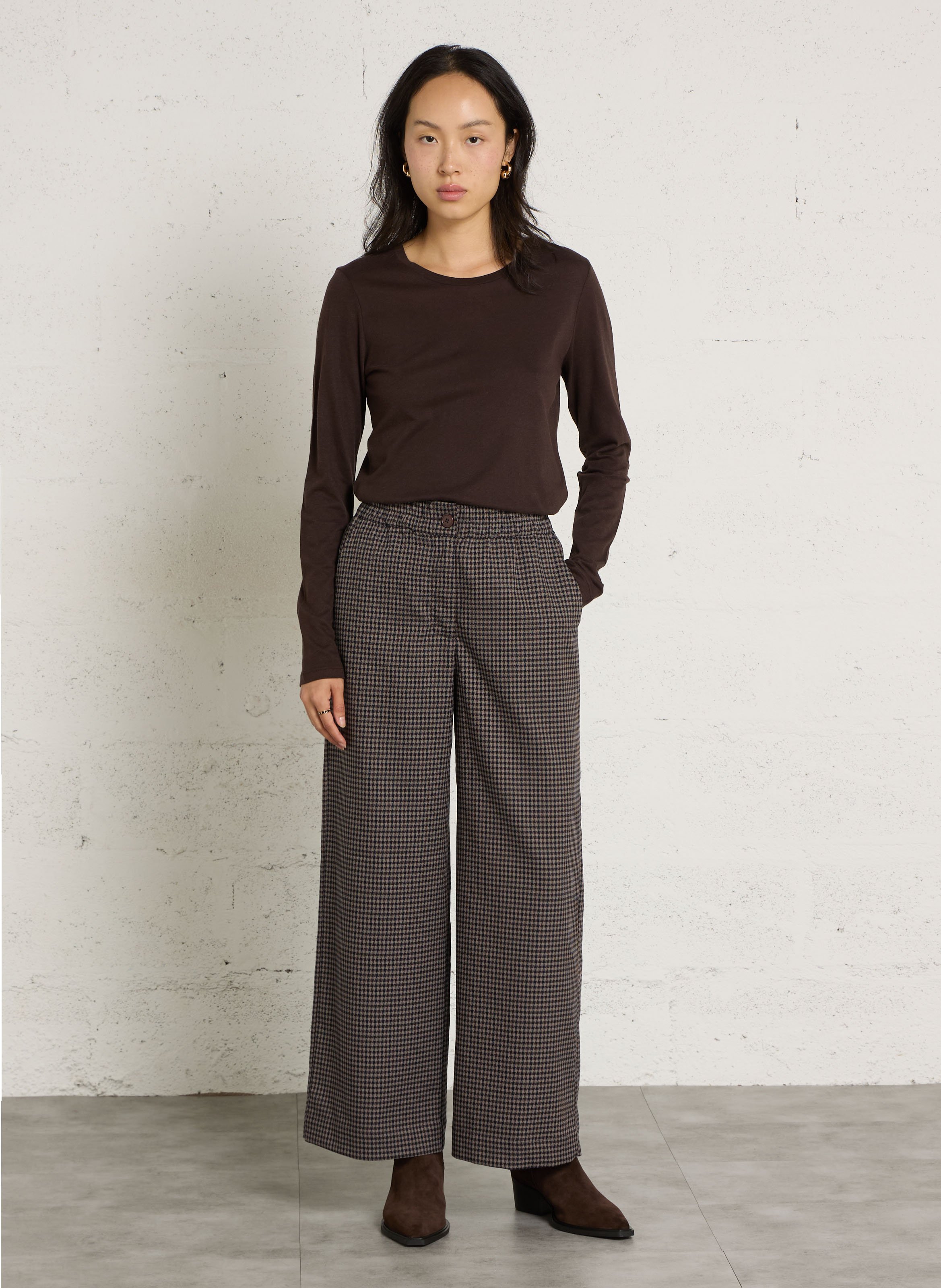 Straight pants with pattern and elastic waistband NICE THINGS Brown