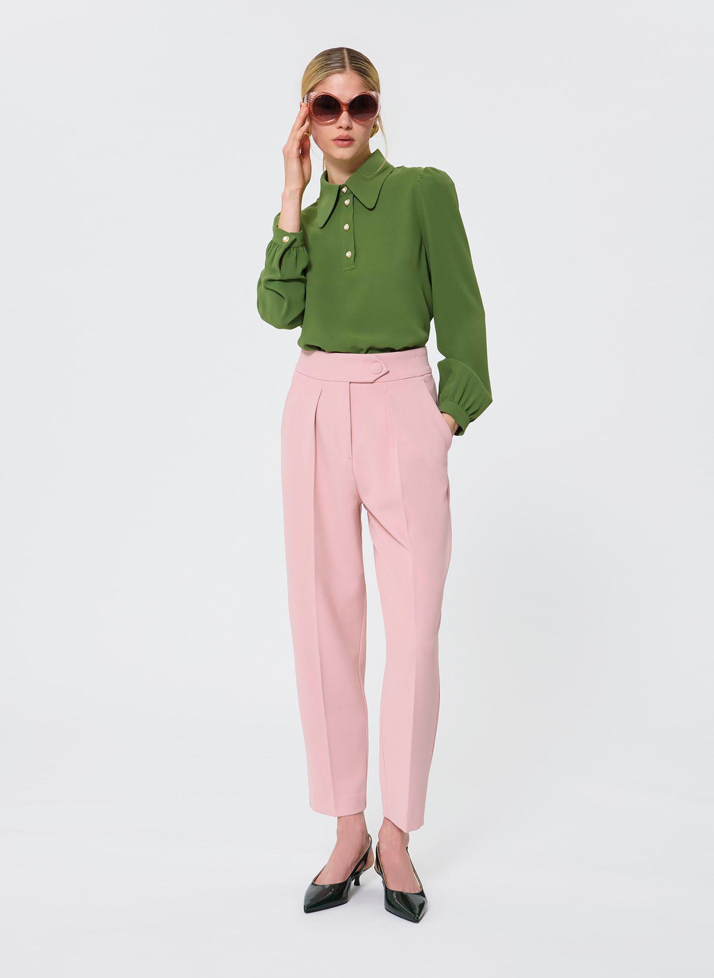 Pantalon carotte uni taille haute Beige