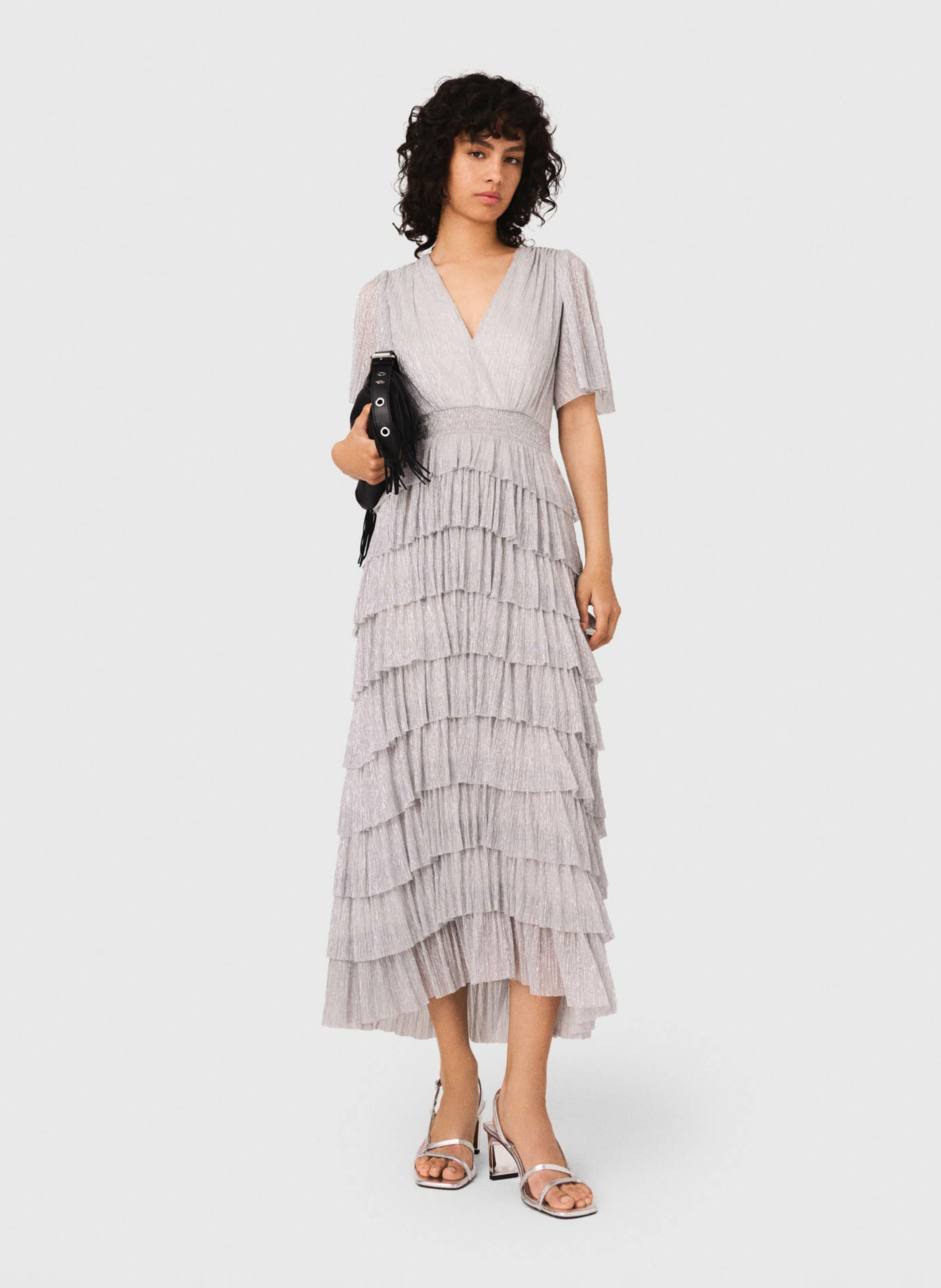 Metallic Ruffled Midi Dress MAJE Silver