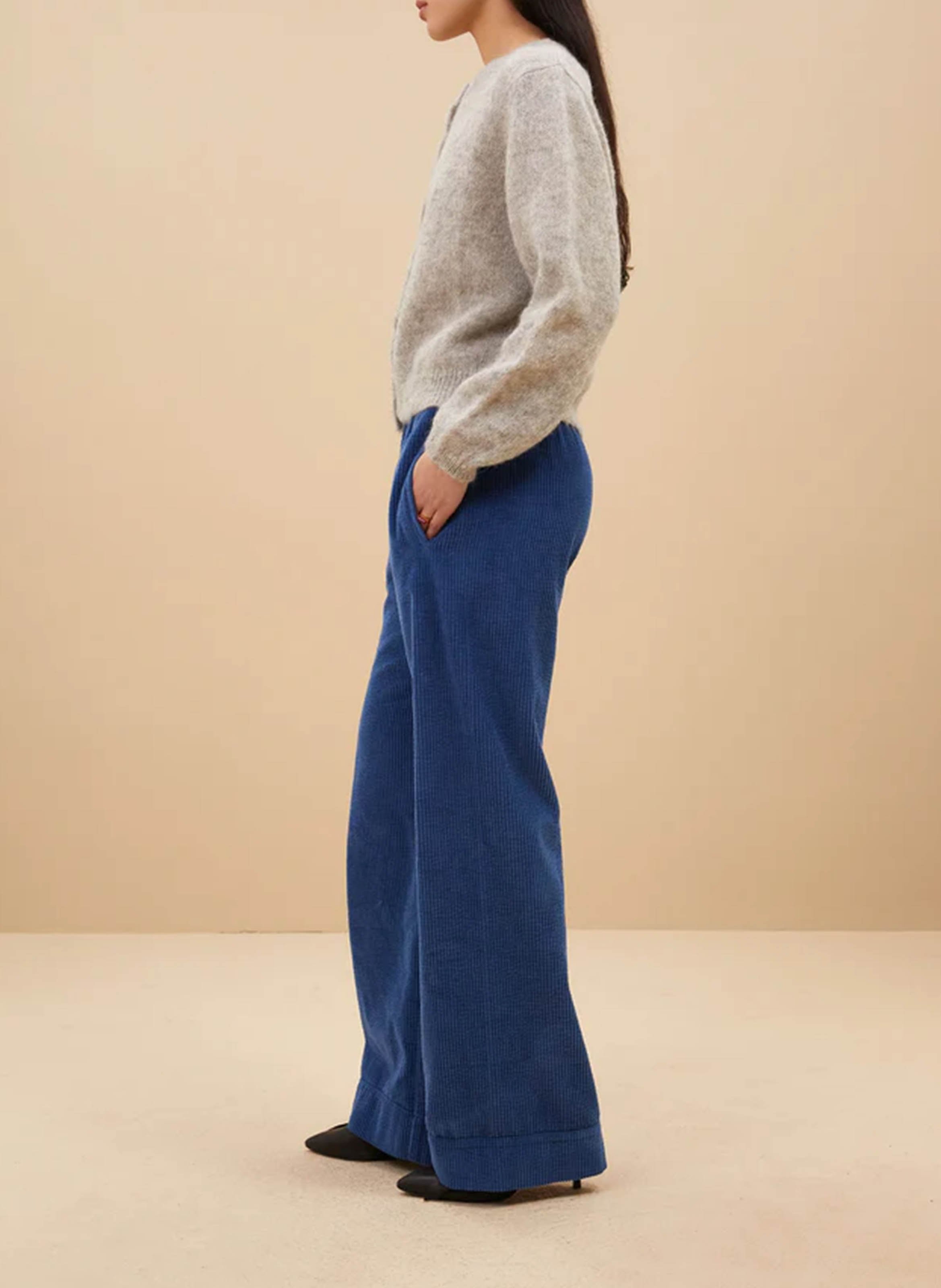 Pantalon droit velours côtelé en coton Bleu