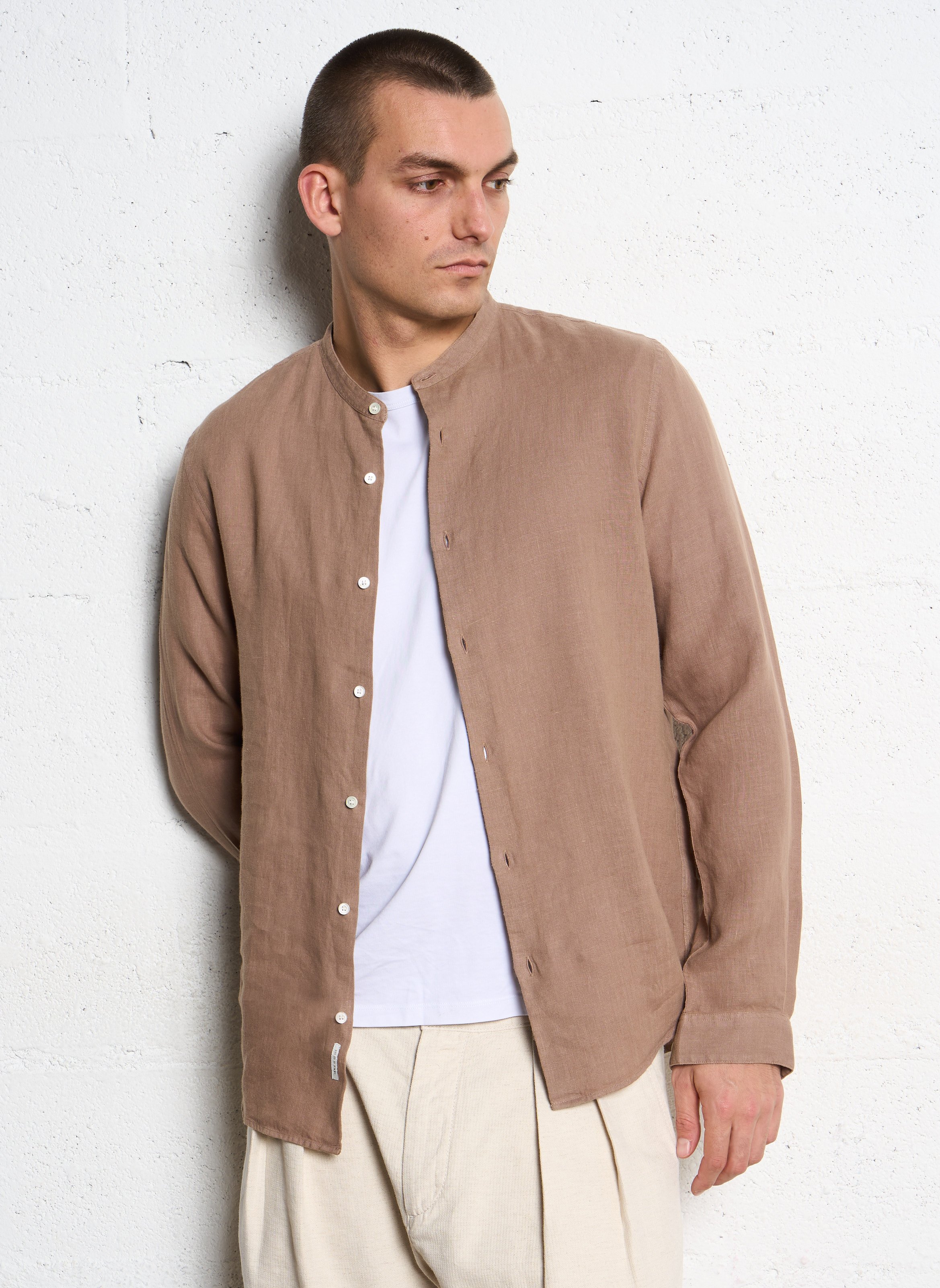 Chemise droite col rond en lin IKKS Marron