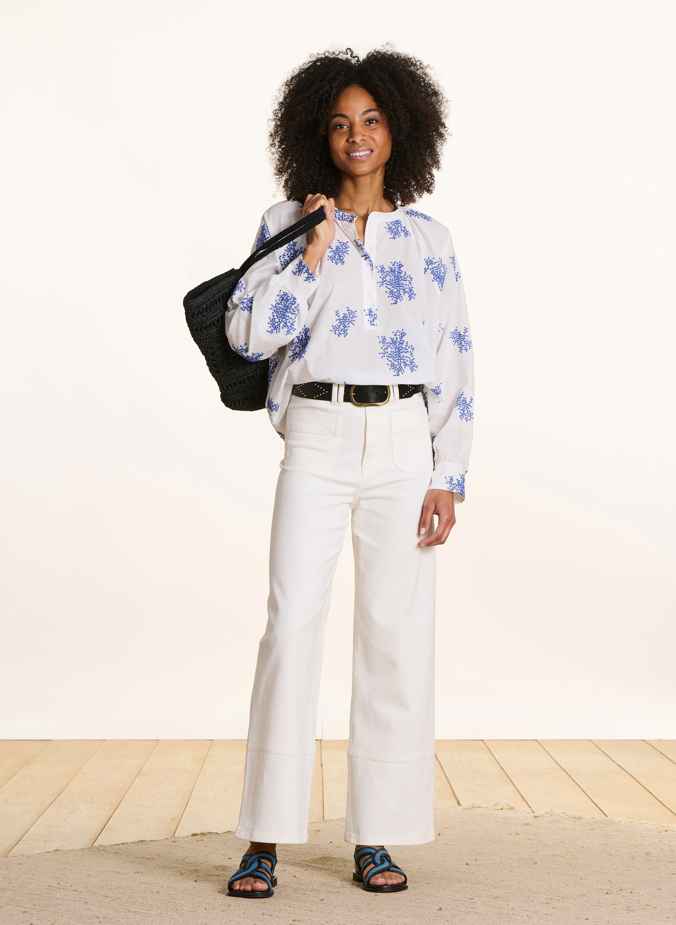 Chemisier oversize col rond brodé LA FEE MARABOUTEE Bleu